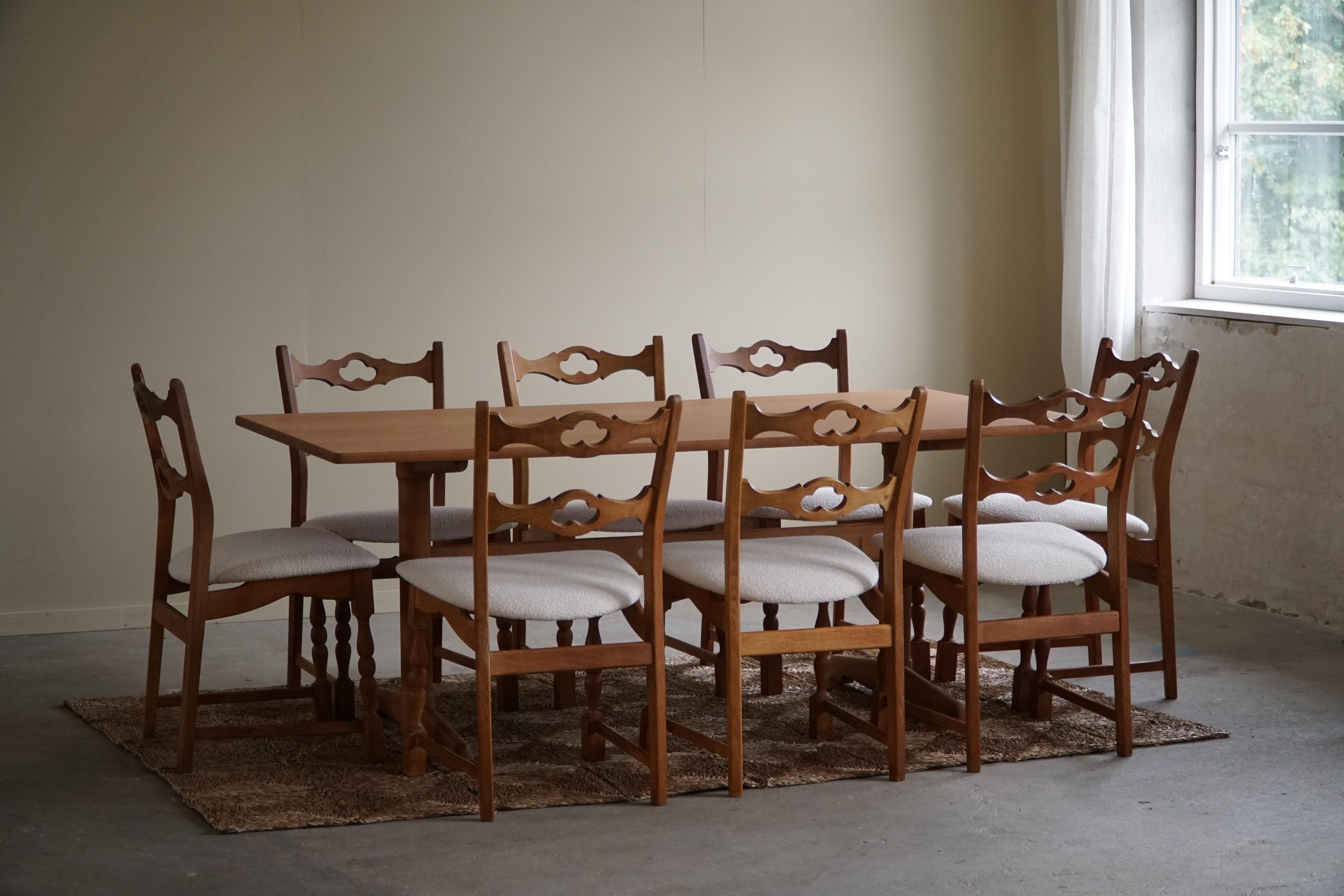 Set of 10 Dining Chairs in Oak & Bouclé, Henning Kjærnulf, Danish Modern, 1960s 15