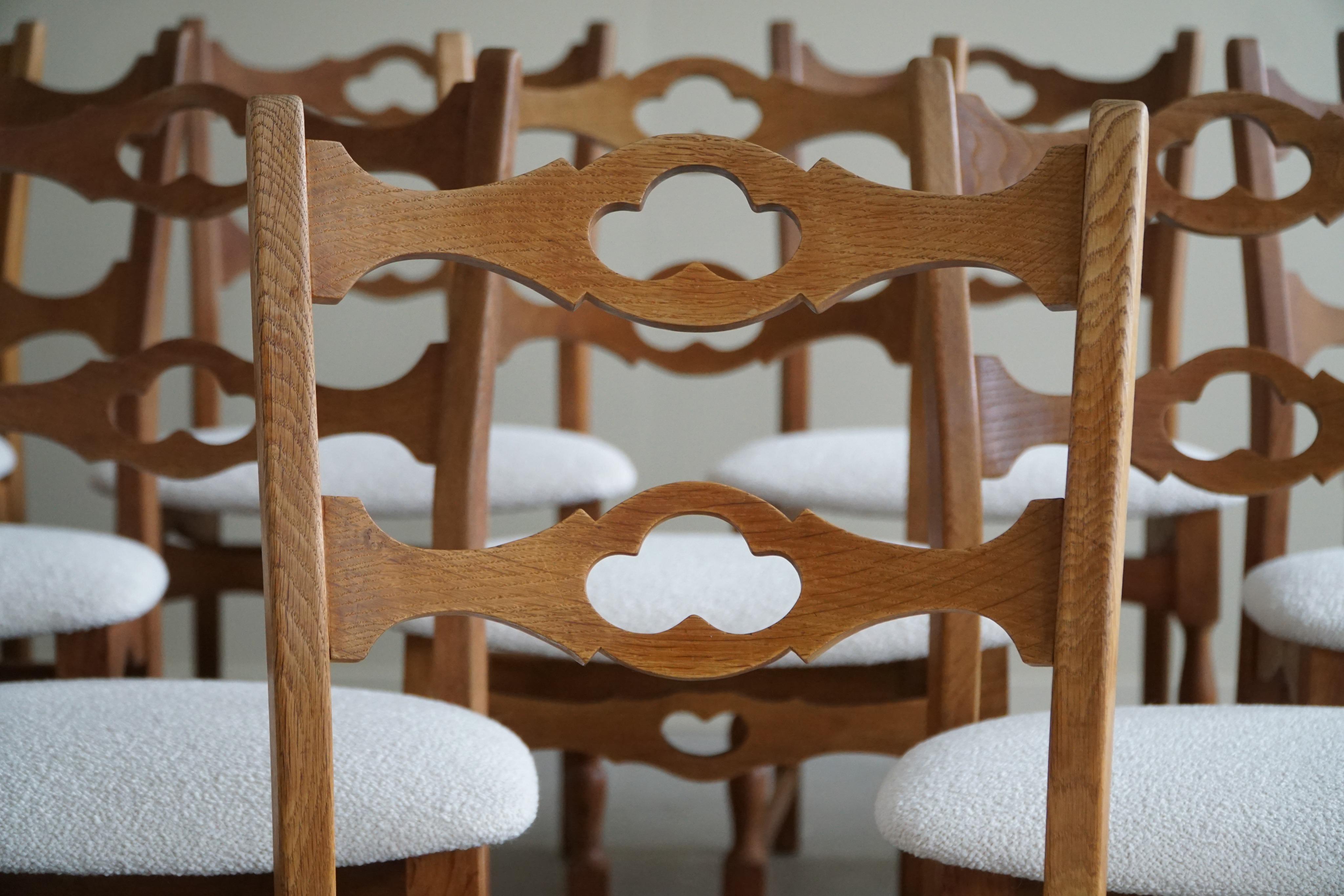 Set of 10 Dining Chairs in Oak & Bouclé, Henning Kjærnulf, Danish Modern, 1960s 2
