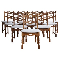 Set of 10 Dining Chairs in Oak 
Bouclé, Henning Kjærnulf, Danish Modern, 1960s