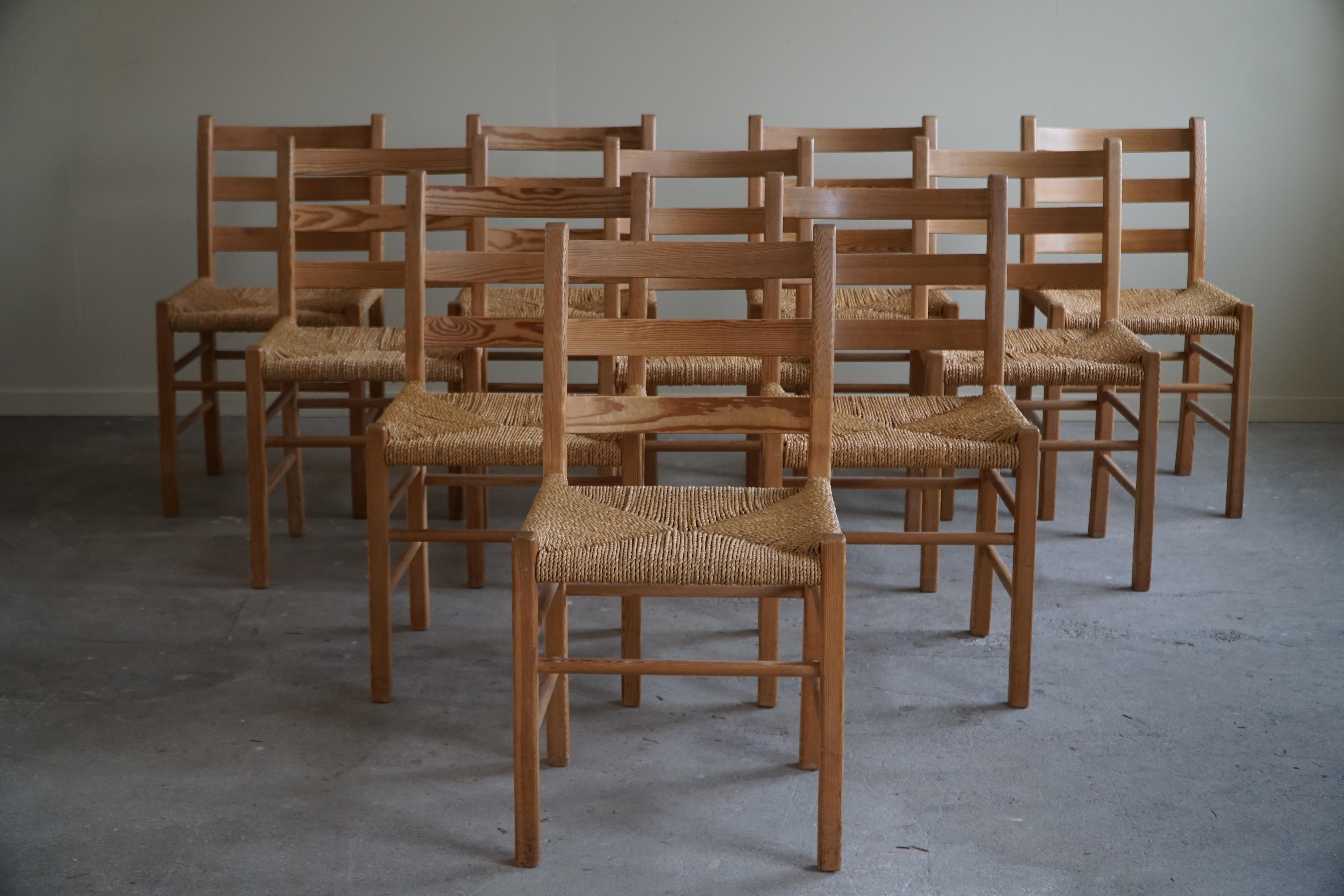 Scandinavian Modern Set of 10 Dining Chairs in Pine & Seagrass Seats, Danish Mid Century, 1960s