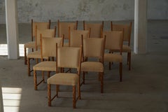Set di 10 sedie da pranzo, Oak e Hessian, Henning Kjærnulf, Danimarca moderna, anni '50