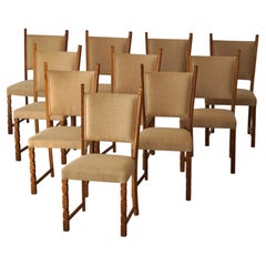 Set di 10 sedie da pranzo, Oak e Hessian, Henning Kjærnulf, Danimarca moderna, anni '50