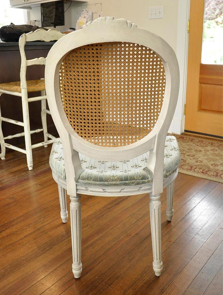 Set of 10 Dining Chairs Painted Wood, Cane with Pink Silk Velvet Cushions In Good Condition For Sale In Livingston, NJ