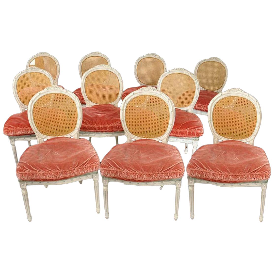 Set of 10 Dining Chairs Painted Wood, Cane with Pink Silk Velvet Cushions For Sale