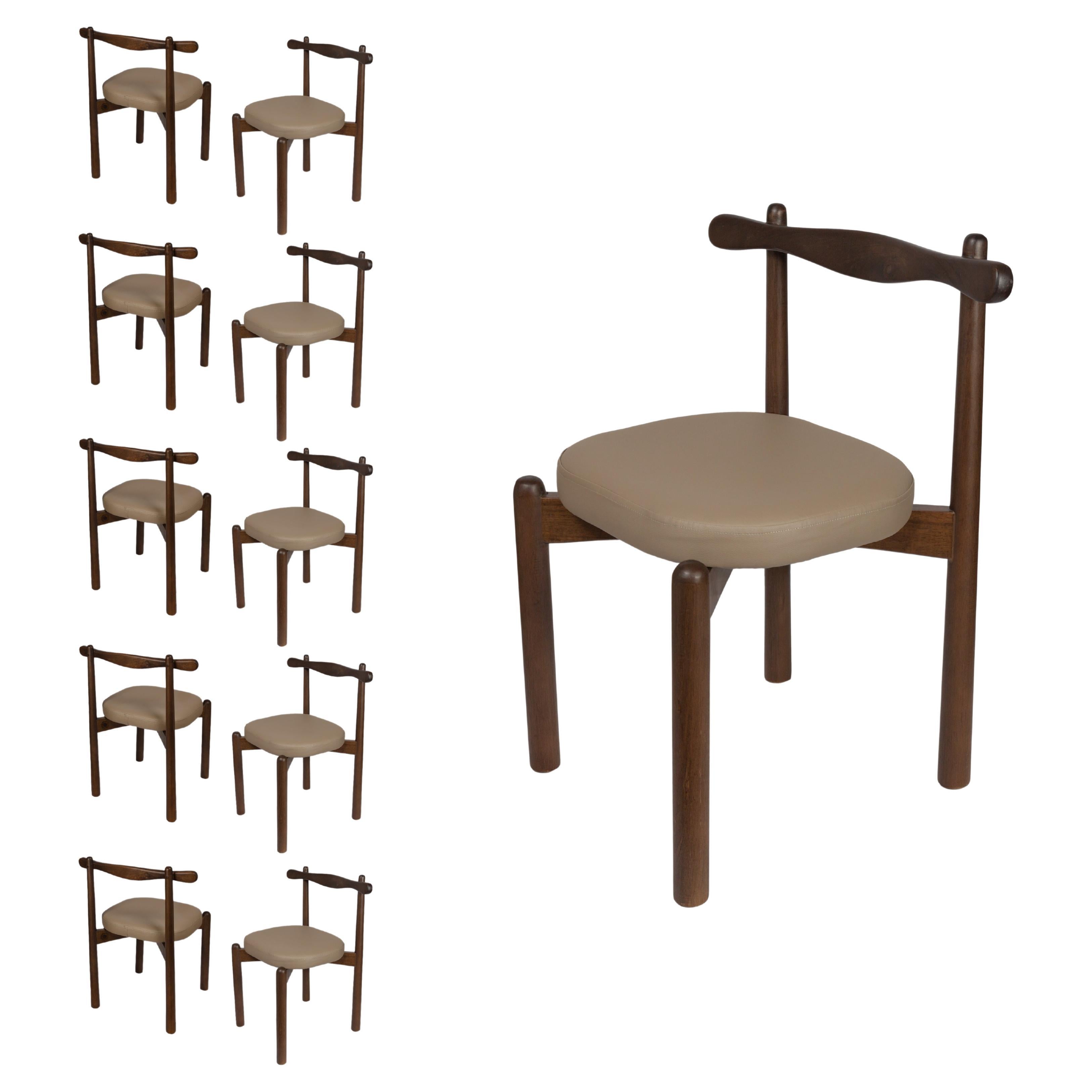 Set of 10 Dining Chairs Uçá Dark Brown Wood (fabric ref : F04) For Sale