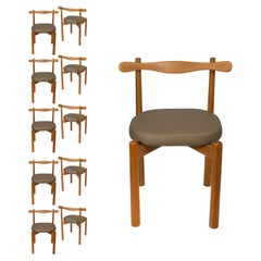Set of 10 Dining Chairs Uçá Light Brown Wood (fabric ref : 04)