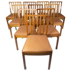 Vintage Art Deco Set of 10 Dining Room Chairs of Light Wood and Cognac Leather, 1940s