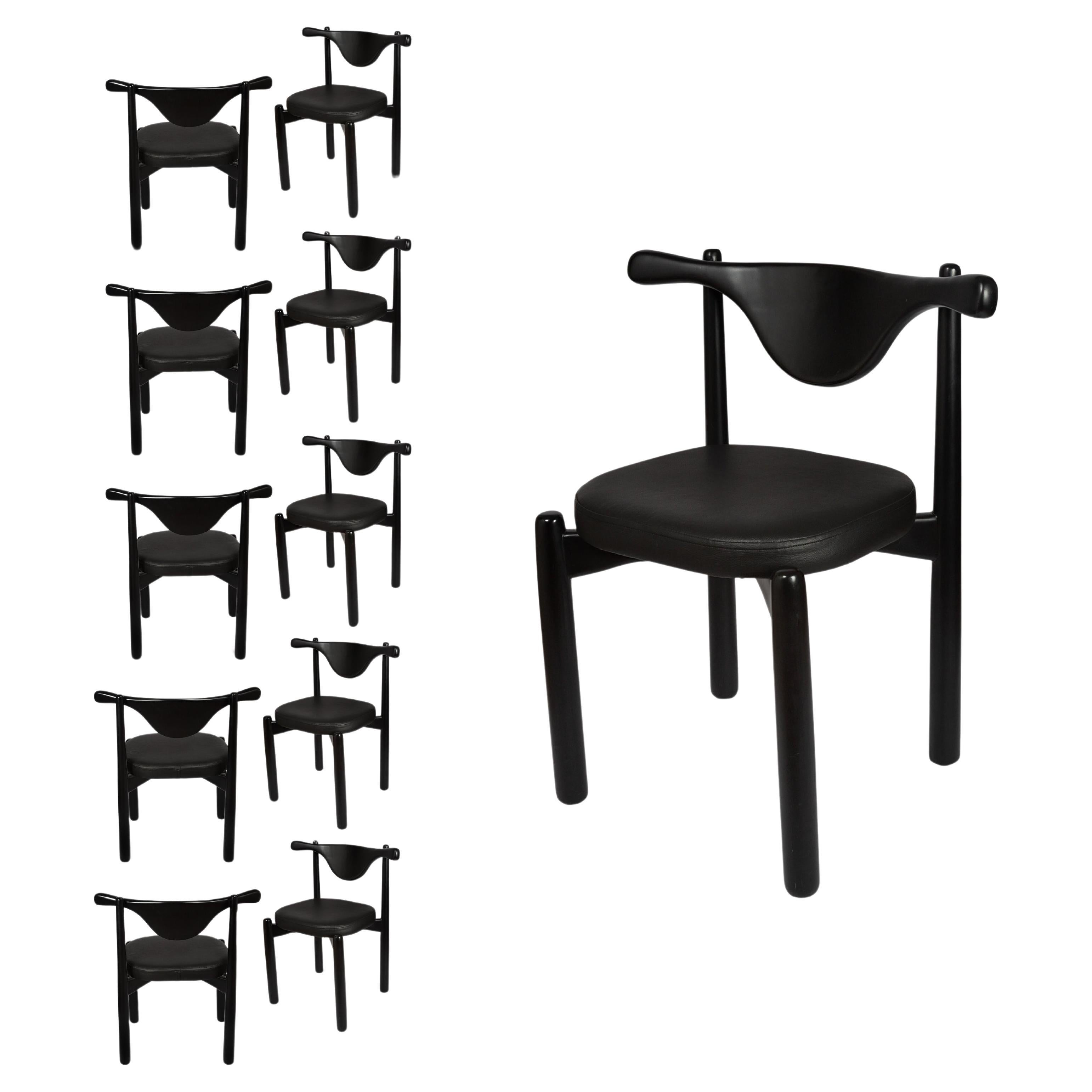 Set of 10 Dinner Chairs Aratu in Matte Lacquer Finish Wood (fabric ref : F07)
