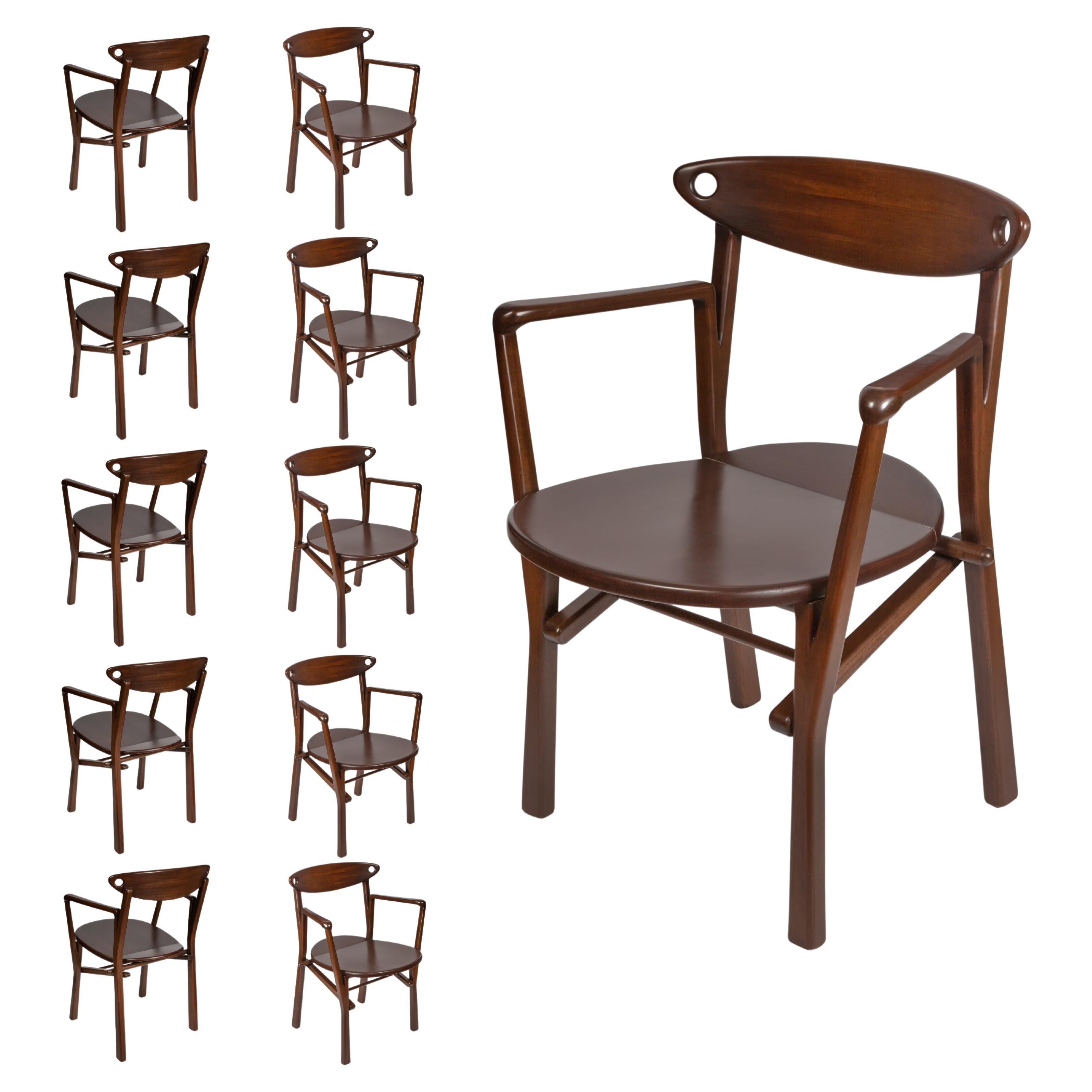 Set of 10 Dinner Chairs Laje in Dark Brown Finish Wood  For Sale