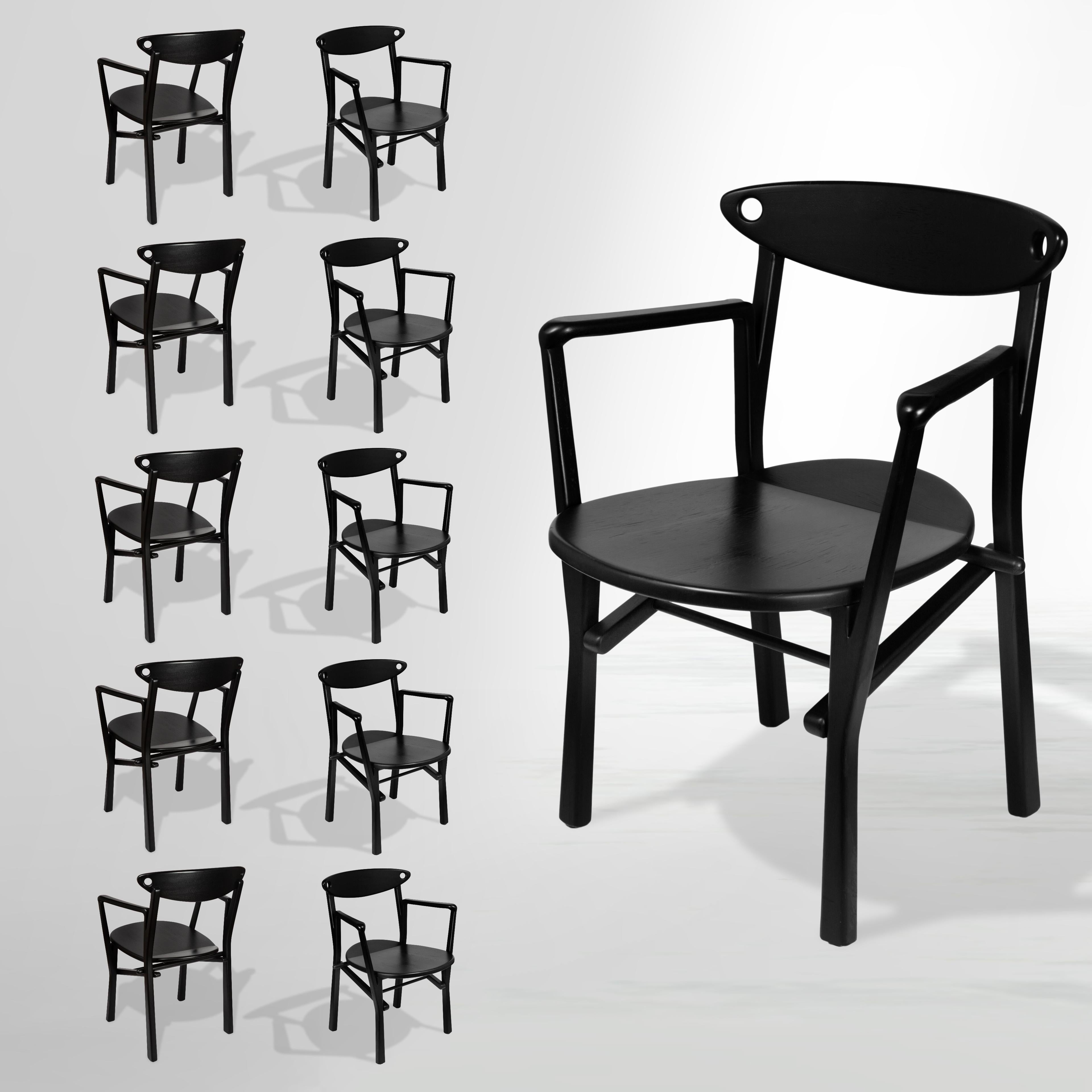 Brazilian Set of 10 Dinner Chairs Laje in Ebony Finish Wood For Sale