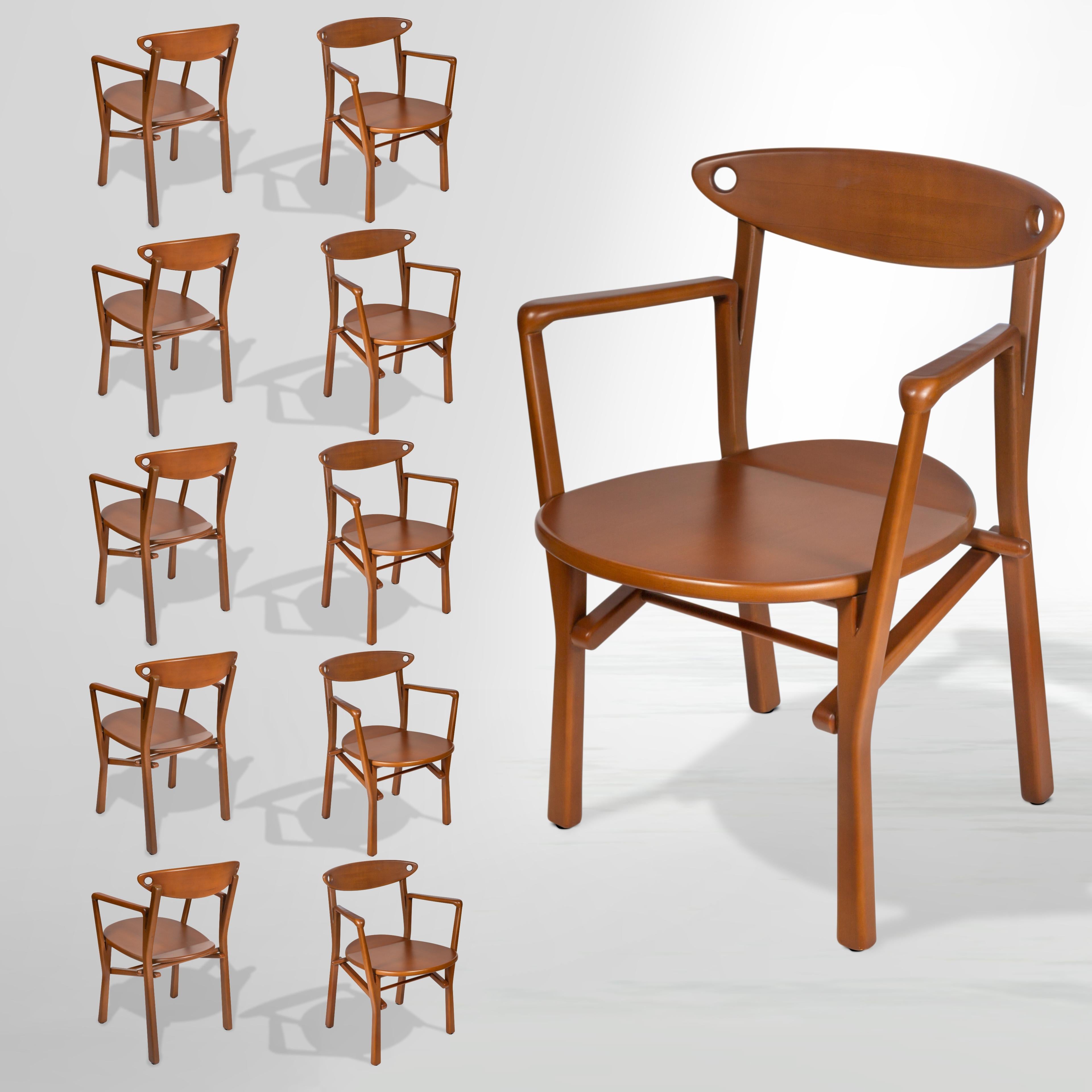 Organic Modern Set of 10 Dinning Chairs Laje in Light Brown Finish Wood For Sale