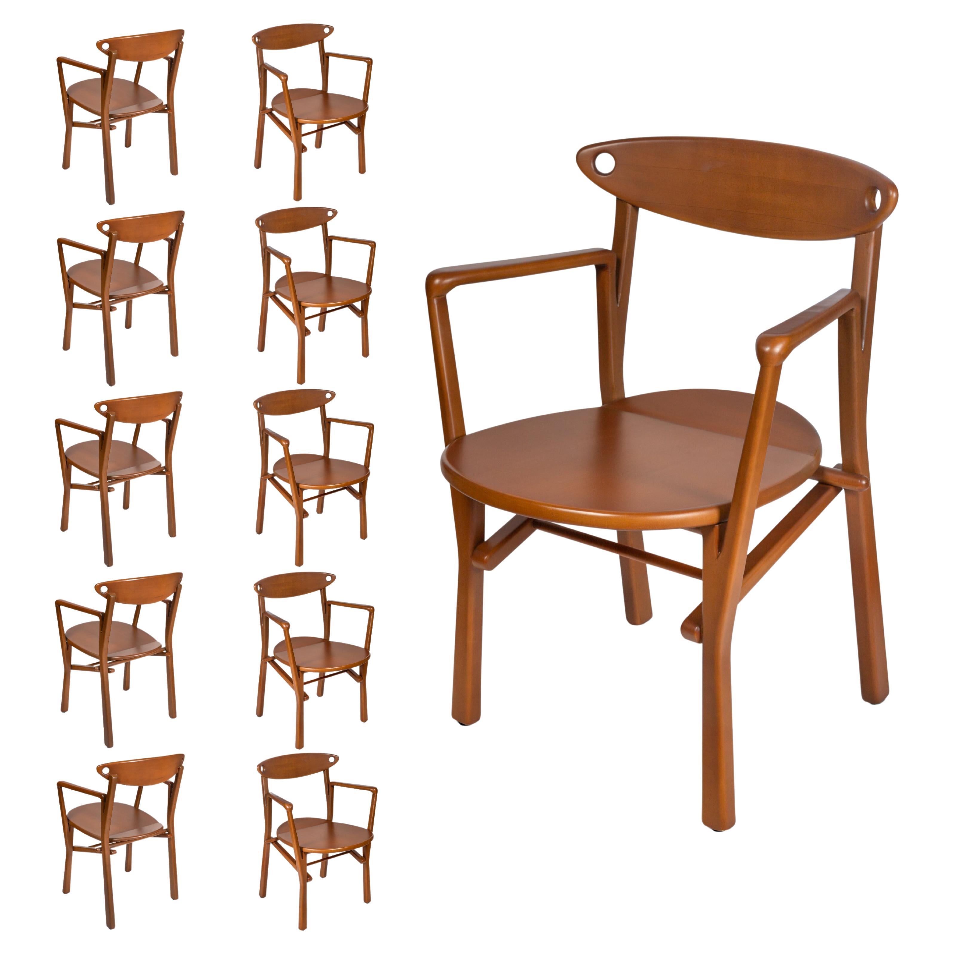 Set of 10 Dinning Chairs Laje in Light Brown Finish Wood