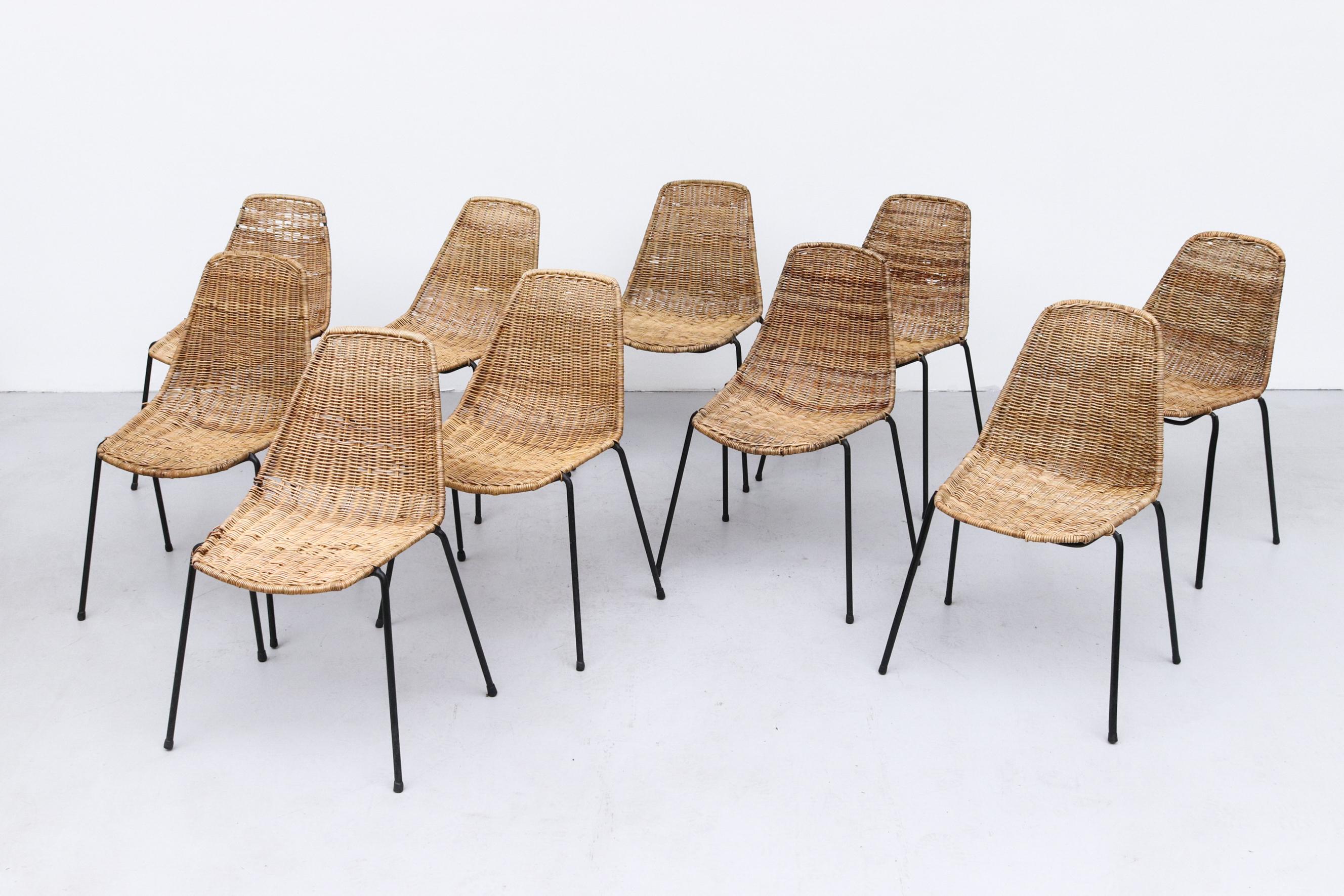 Mid-Century Modern Set of 10 Dirk Van Sliedregt Style Rattan Shell Seat Chairs