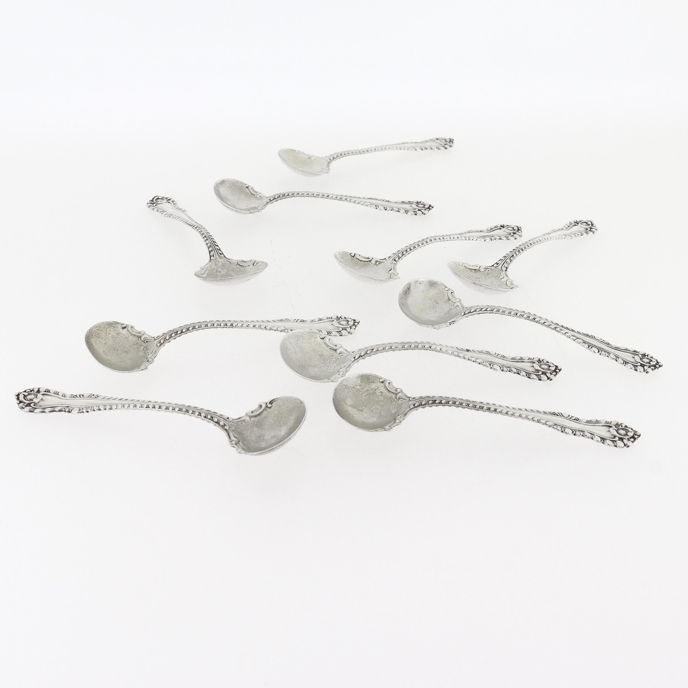 Edoardiano Set di 10 cucchiai da sale o da immersione Dominick & Haff Silver in argento massiccio in vendita