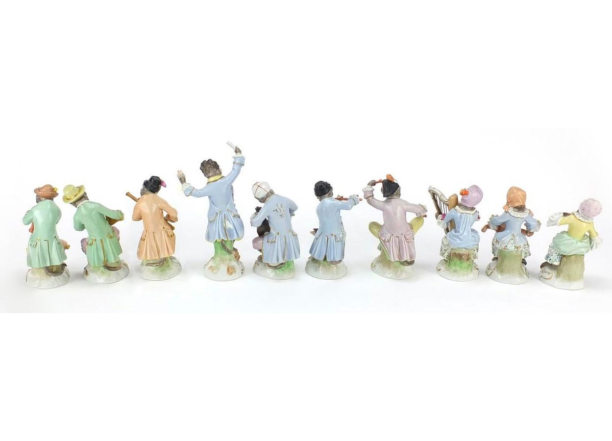 Rococo Set of 10 Dresden Porcelain Musician Monkeys in Meissen Style