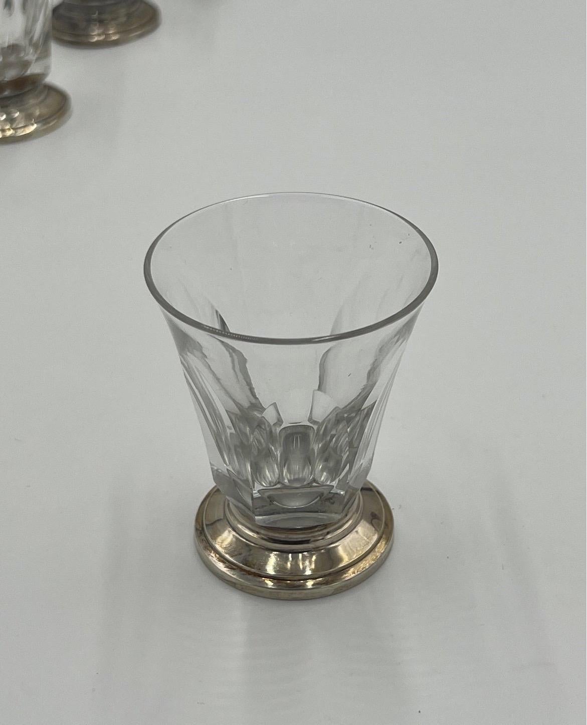 Set of 10 E Caldwell sterling silver and crystal vodka or cocktail glasses with 950 mounts. Fully French hallmarked. Excellent glasses with no damage! Measure: 3”.
