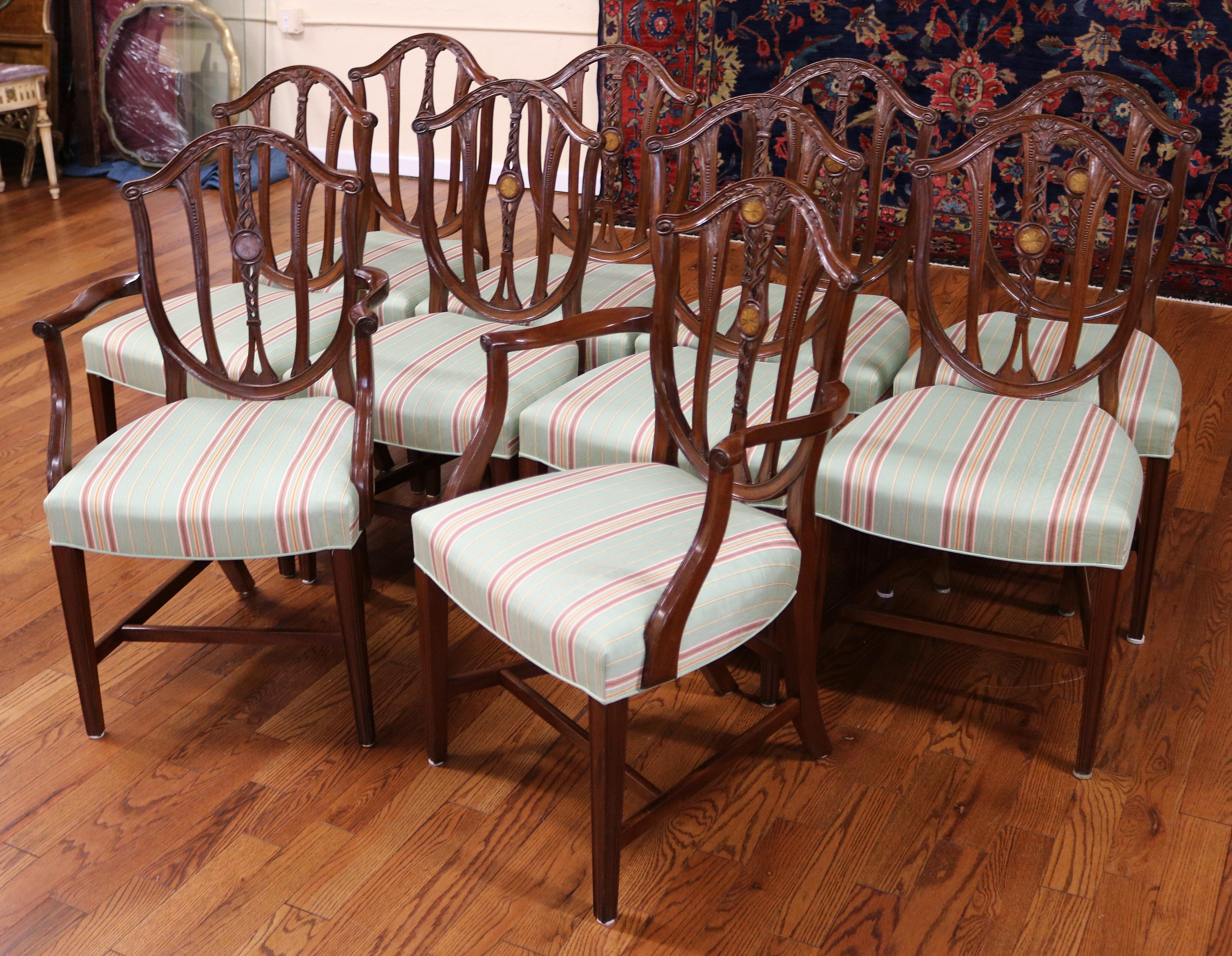 Hand-Carved Set of 10 Early 20th Century Mahogany Baltimore Hepplewhite Dining Chairs For Sale