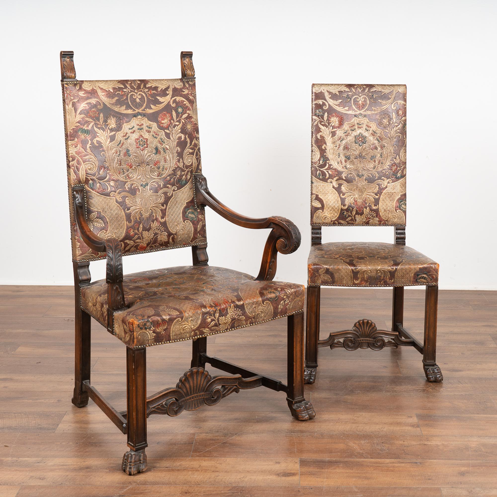 Renaissance Revival Set of 10 Embossed and Painted Leather Dining Chairs, Sweden circa 1880