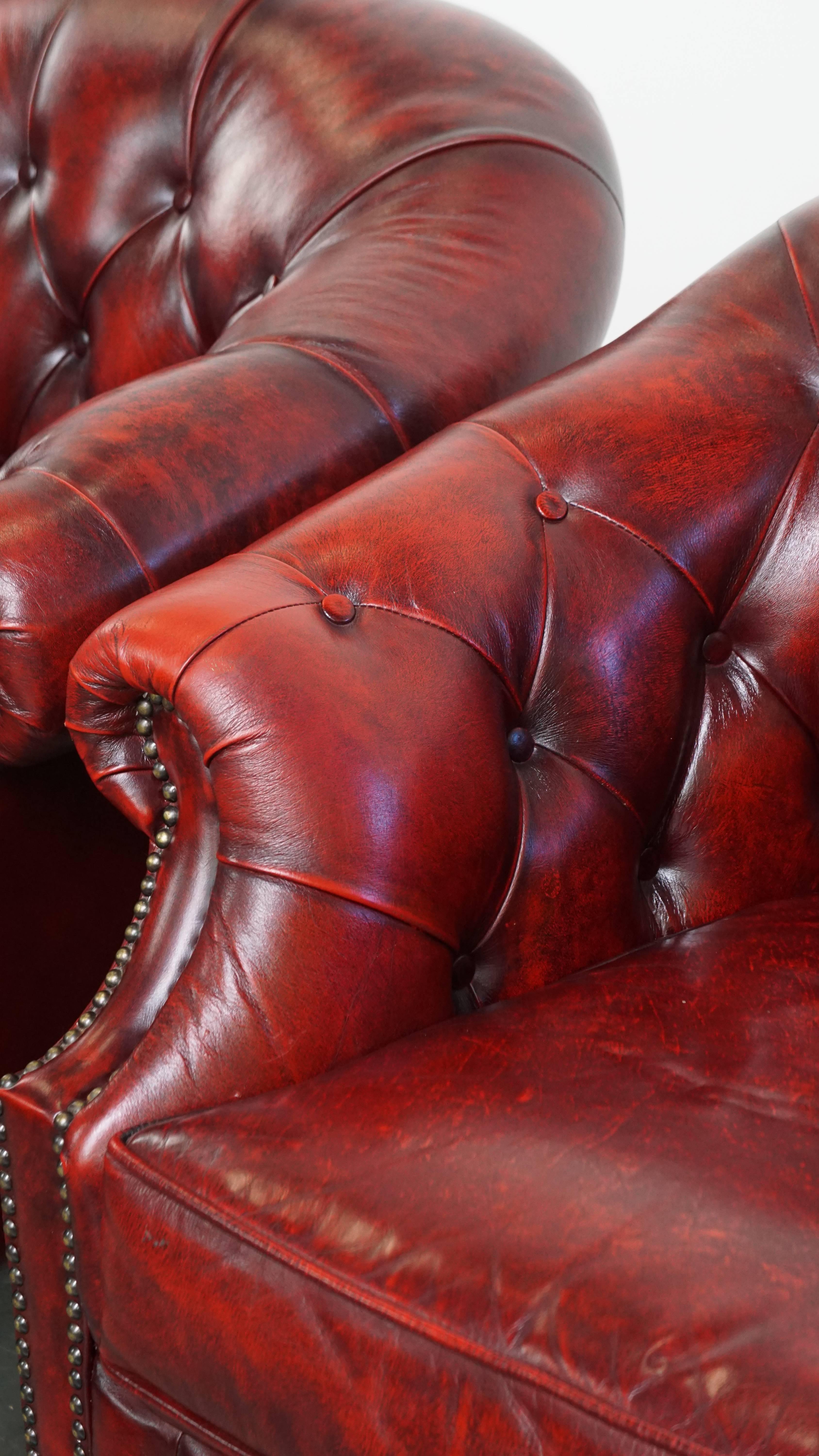 Juego de 10 sillones Chesterfield de cuero de vaca inglés en color rojo en venta 8