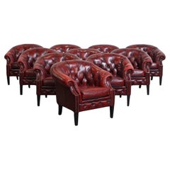 Set of 10 English Cowhide Leather Chesterfield Club Chairs in a Red Color