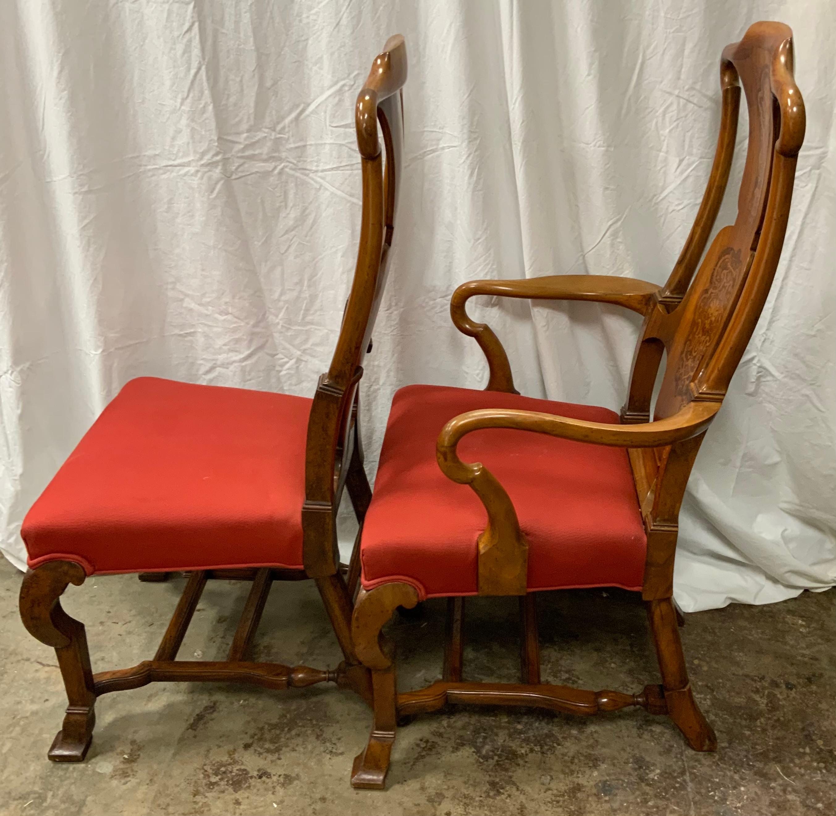 British Set of 10 English dining chairs, 19 th c. Walnut with marquetry inlay For Sale