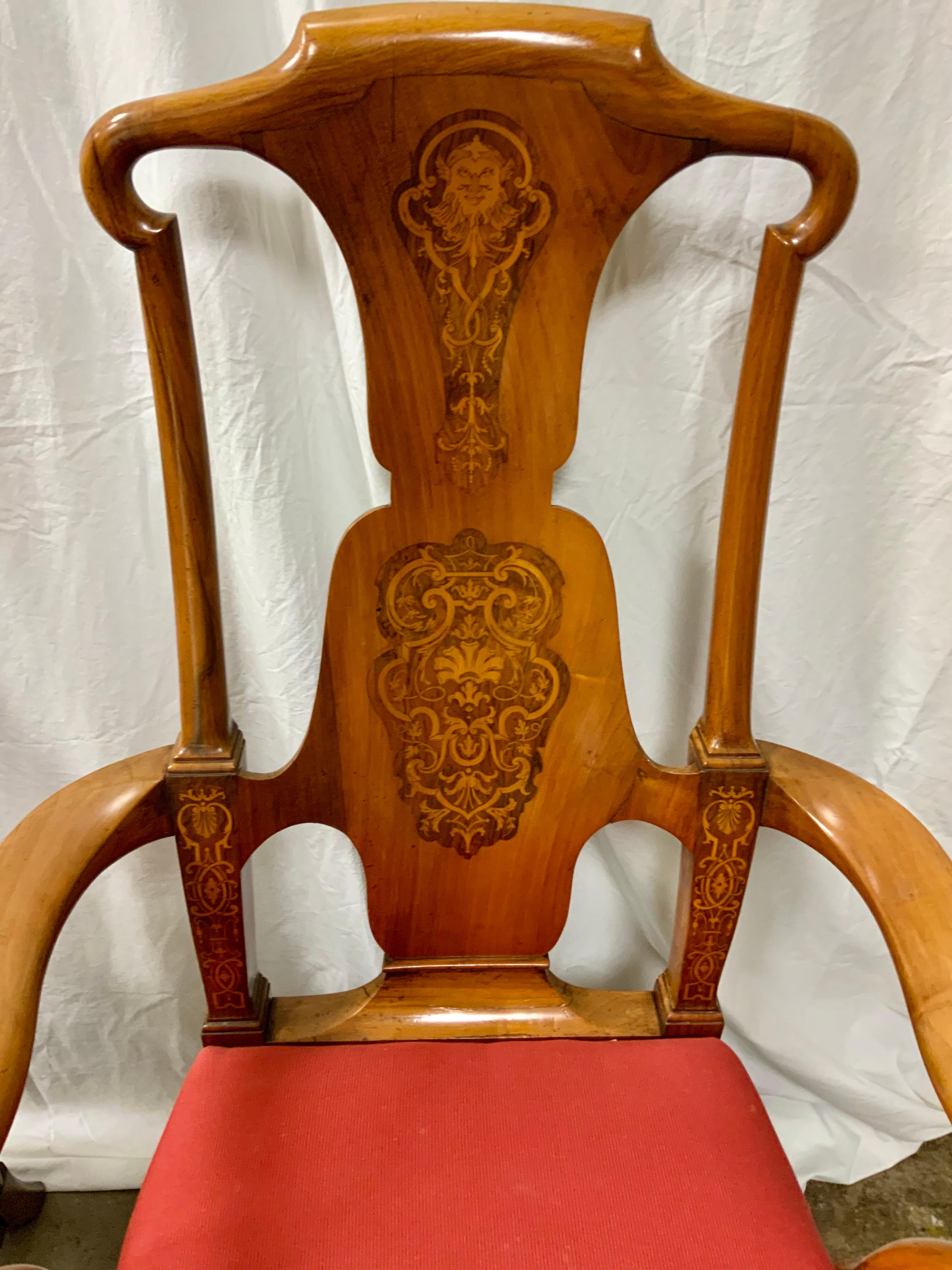 Marquetry Set of 10 English dining chairs, 19 th c. Walnut with marquetry inlay For Sale