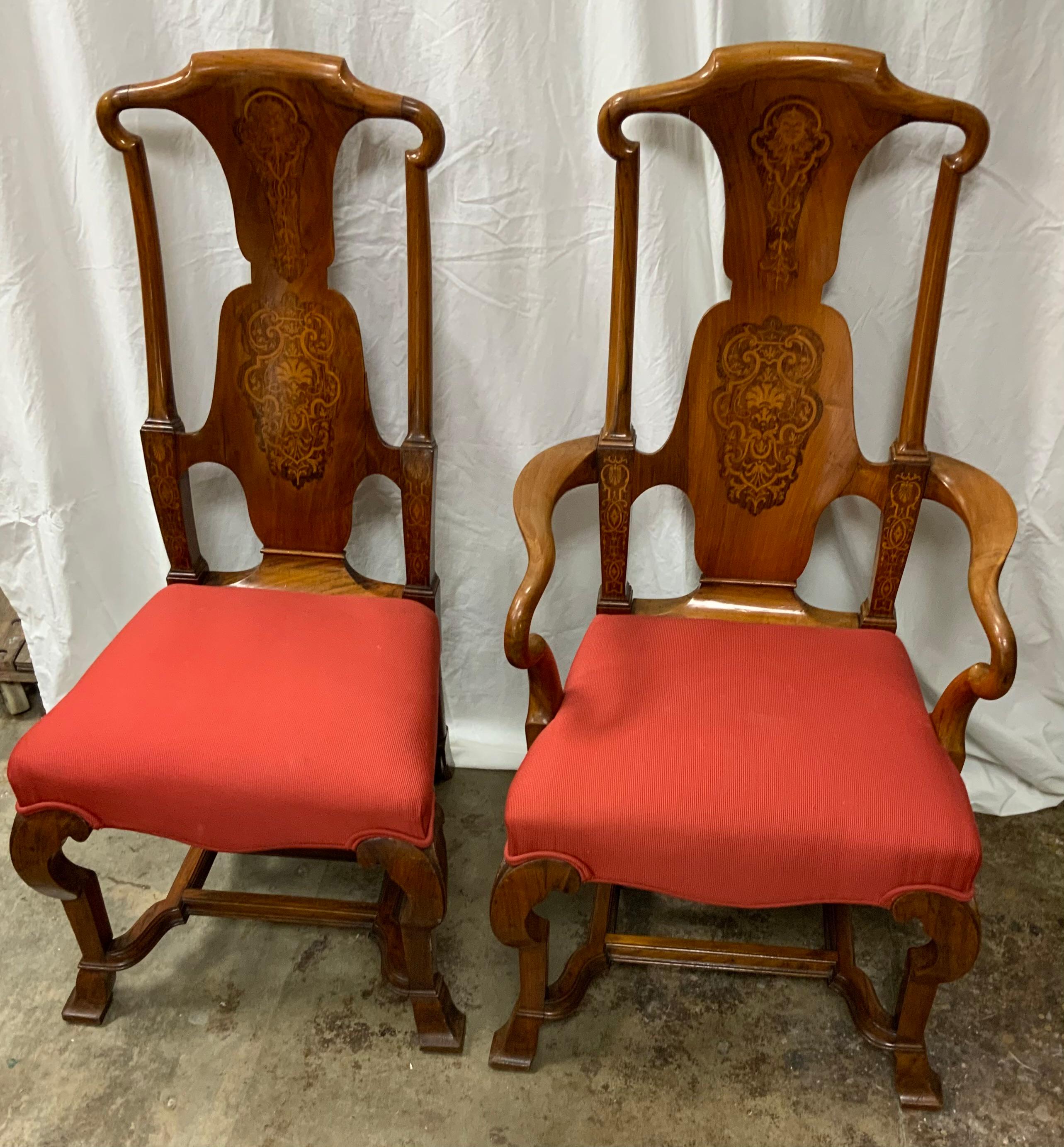 19th Century Set of 10 English dining chairs, 19 th c. Walnut with marquetry inlay For Sale