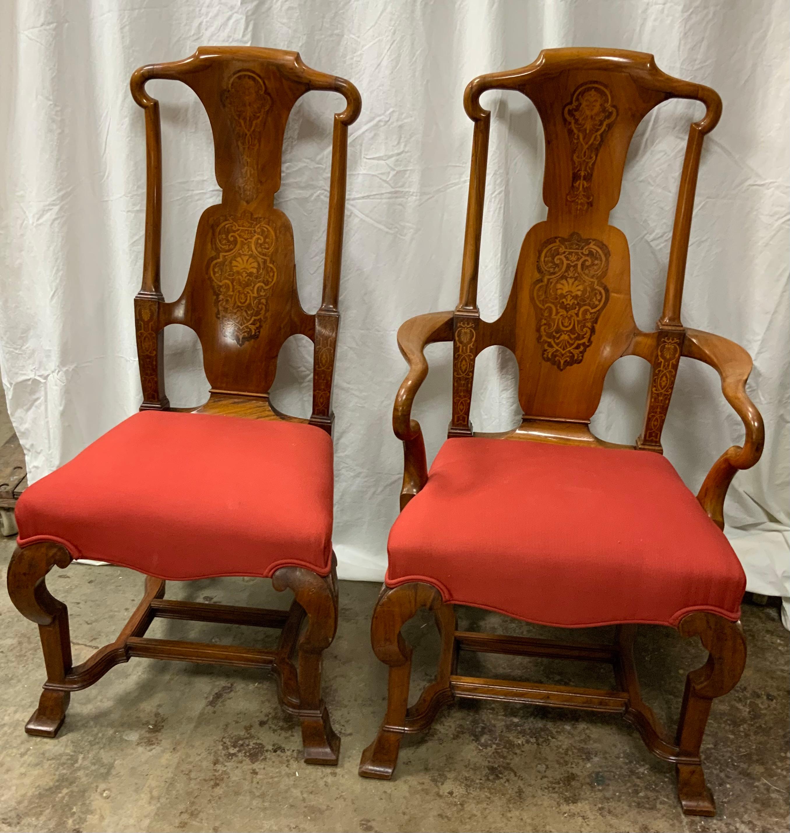 Set of 10 English dining chairs, 19 th c. Walnut with marquetry inlay For Sale 1