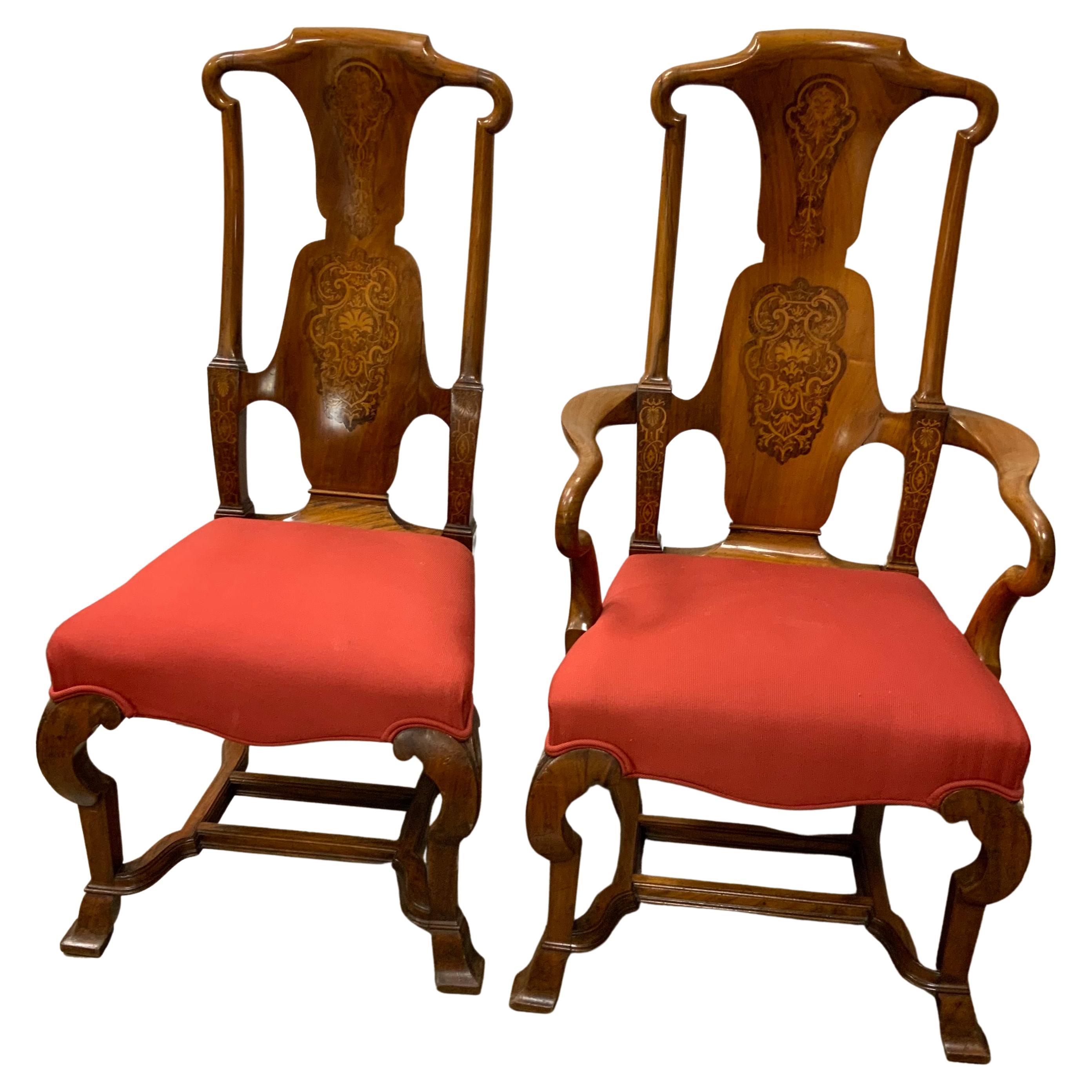 Set of 10 English dining chairs, 19 th c. Walnut with marquetry inlay For Sale