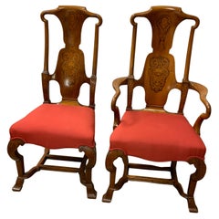 Set of 10 English dining chairs, 19 th c. Walnut with marquetry inlay