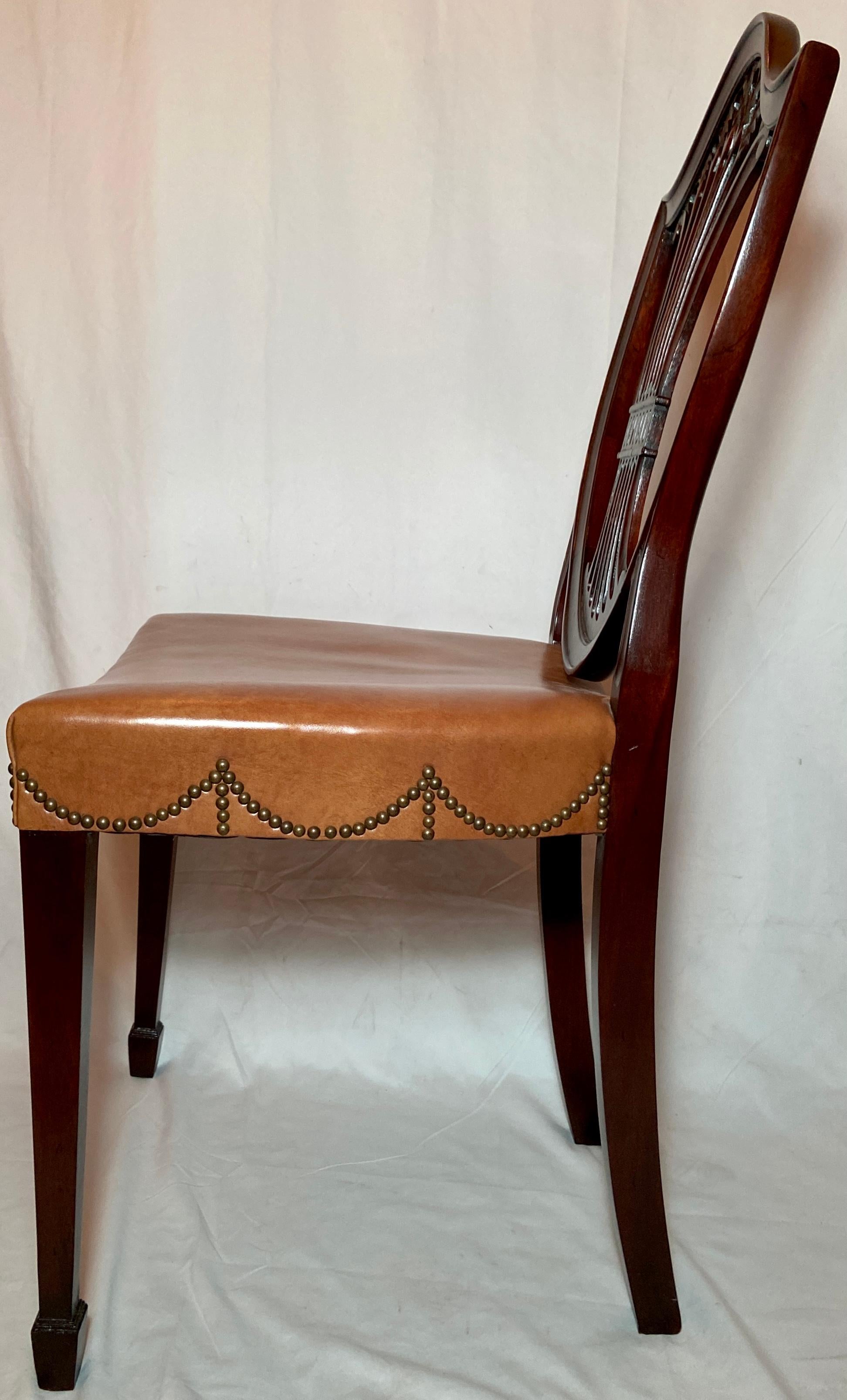 Leather Set of 10 English Mahogany Hepplewhite Shield-Back Dining Chairs, Circa 1940-50