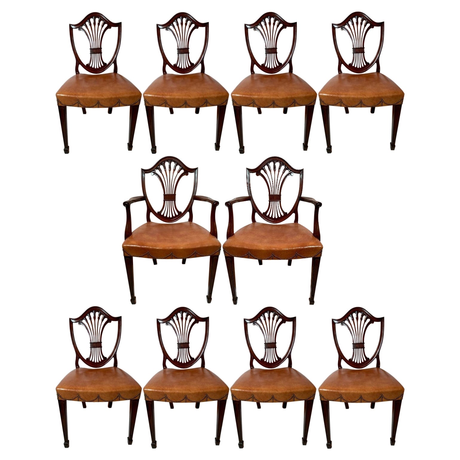 Set of 10 English Mahogany Hepplewhite Shield-Back Dining Chairs, Circa 1940-50