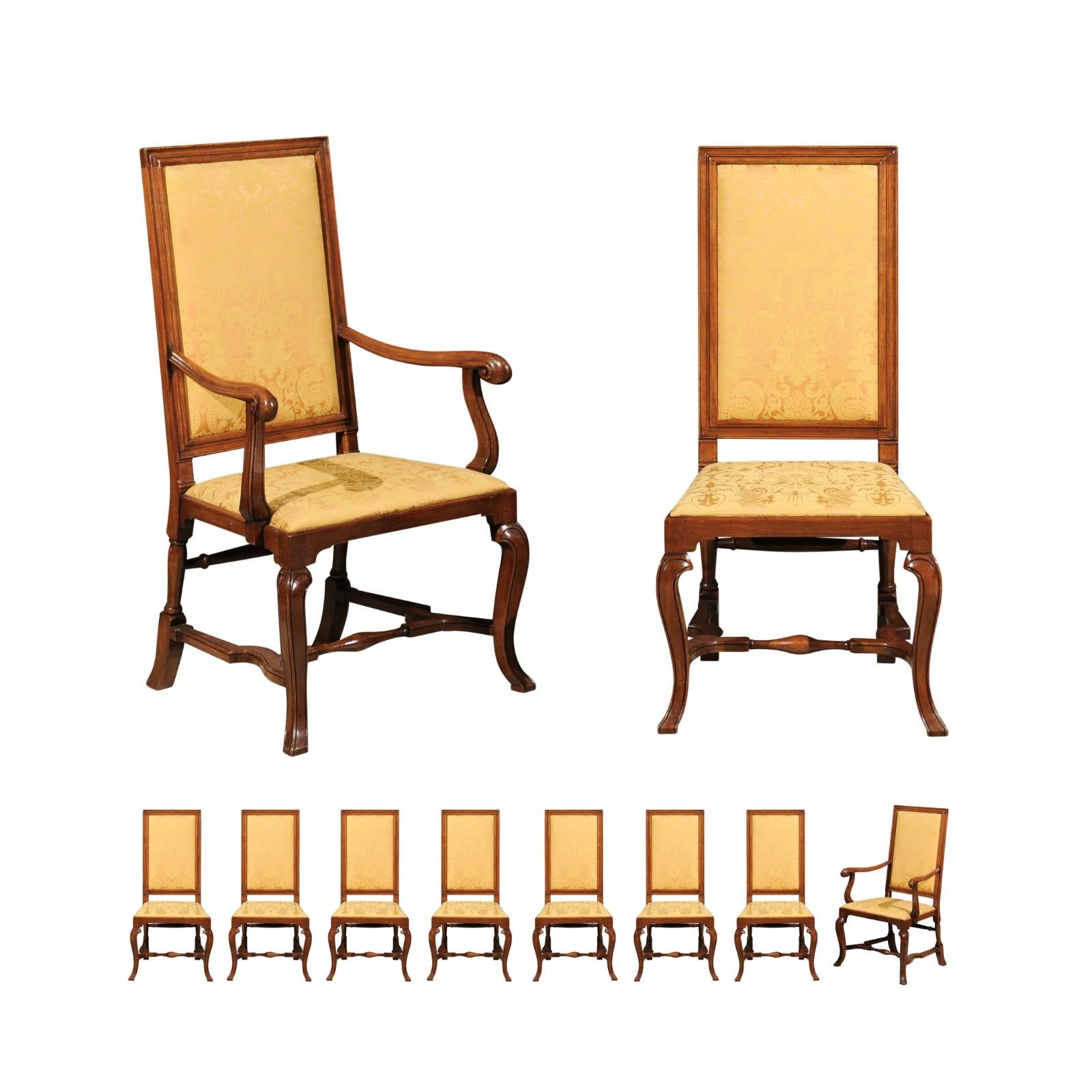Set of 10 English Queen Anne Style Walnut Dining Chairs
