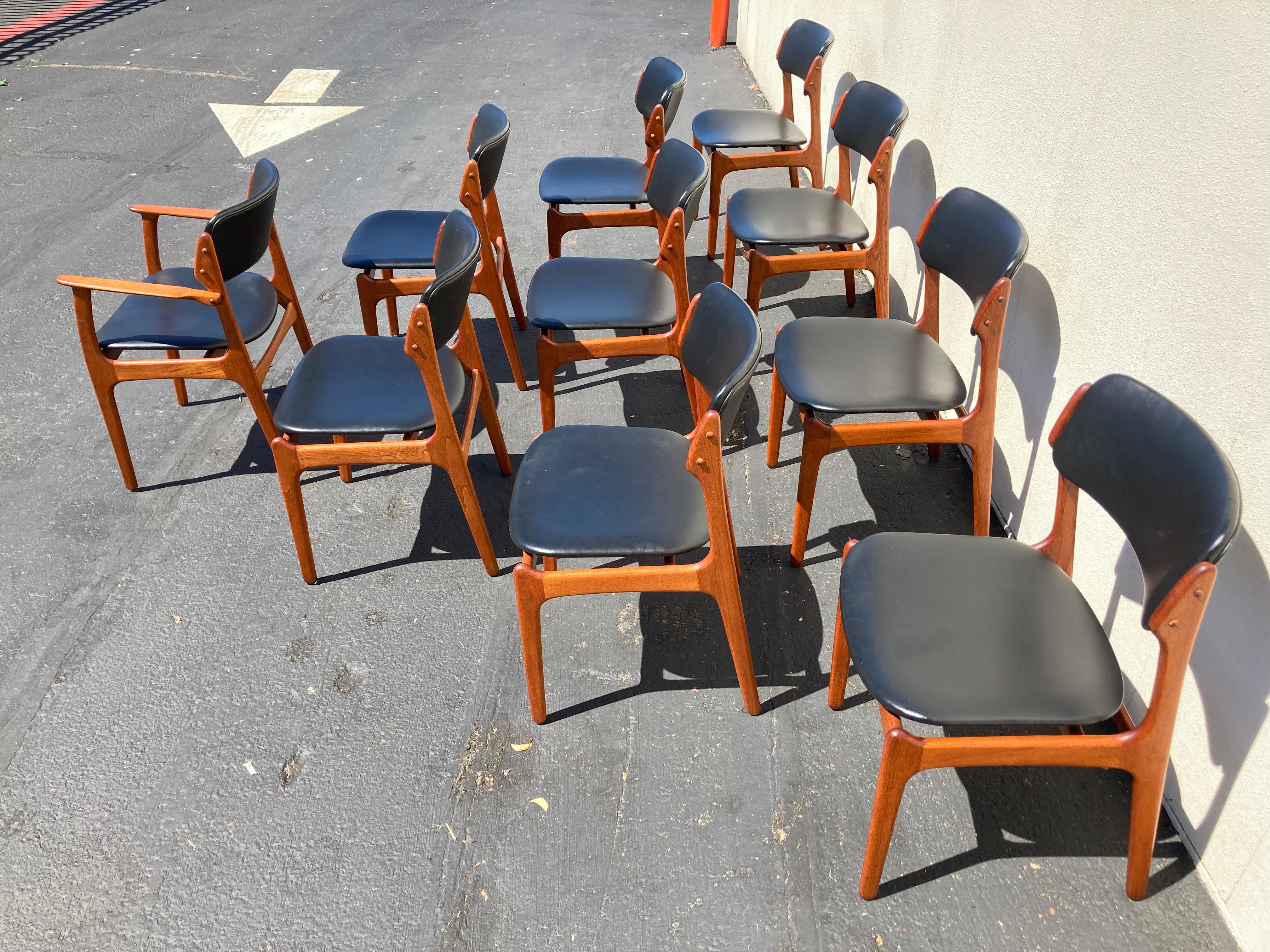 Upholstery Set of 10 Erik Buch Model 49 & 50 Teak Dining Chairs