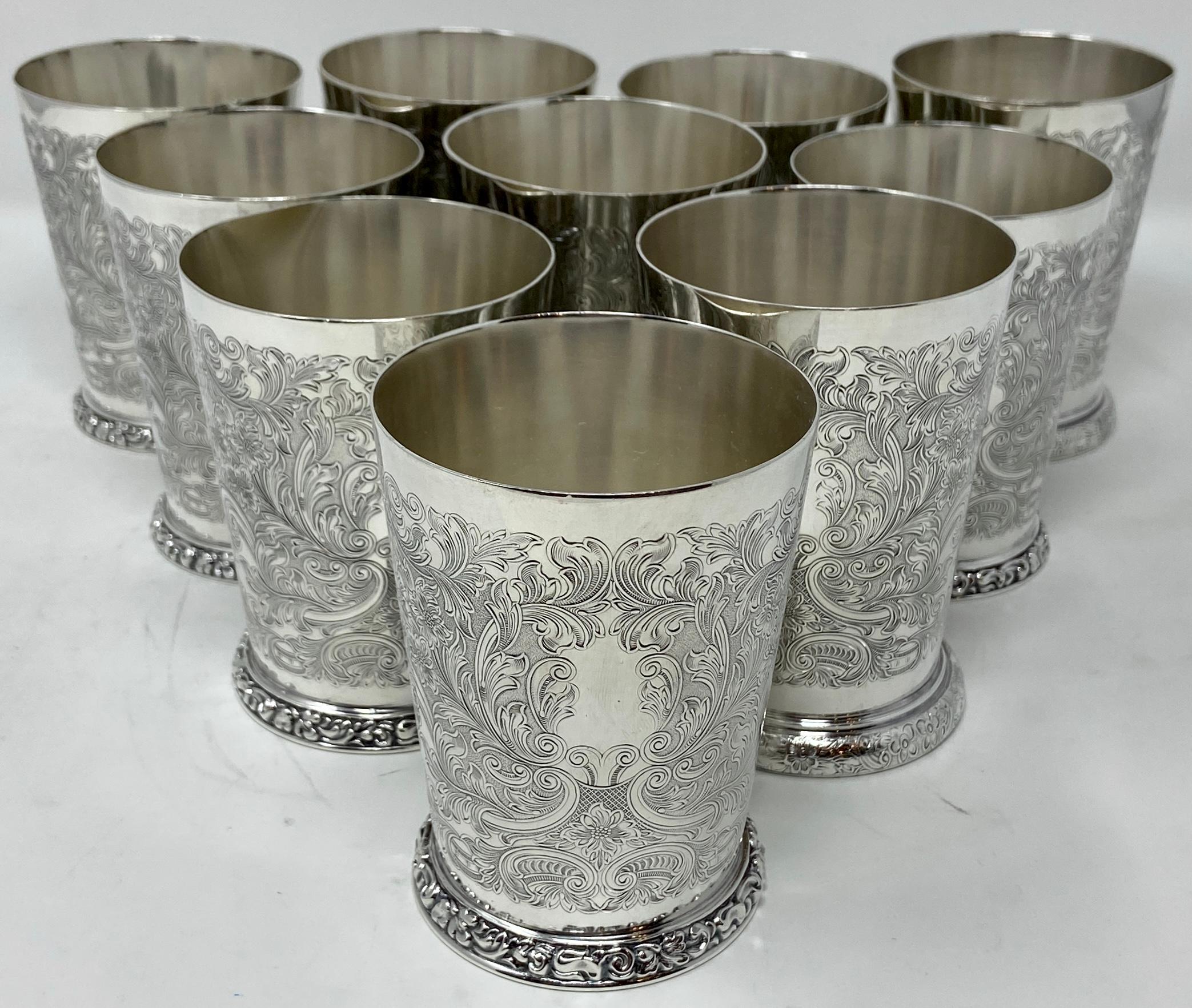Set of 10 Estate Mid-20th Century English Silver-Plated Finely Engraved Mint Julep Cups.
