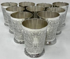 Set of 10 Estate English Silver-Plated Finely Engraved Mint Julep Cups, Ca. 1950