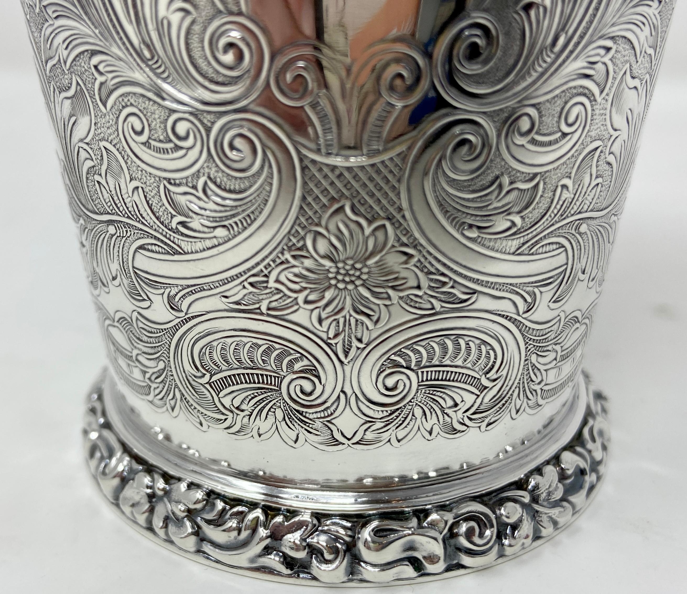 Silver Plate Set of 10 Estate English Silver-Plated Finely Engraved Mint Julep Cups, Ca. 1950