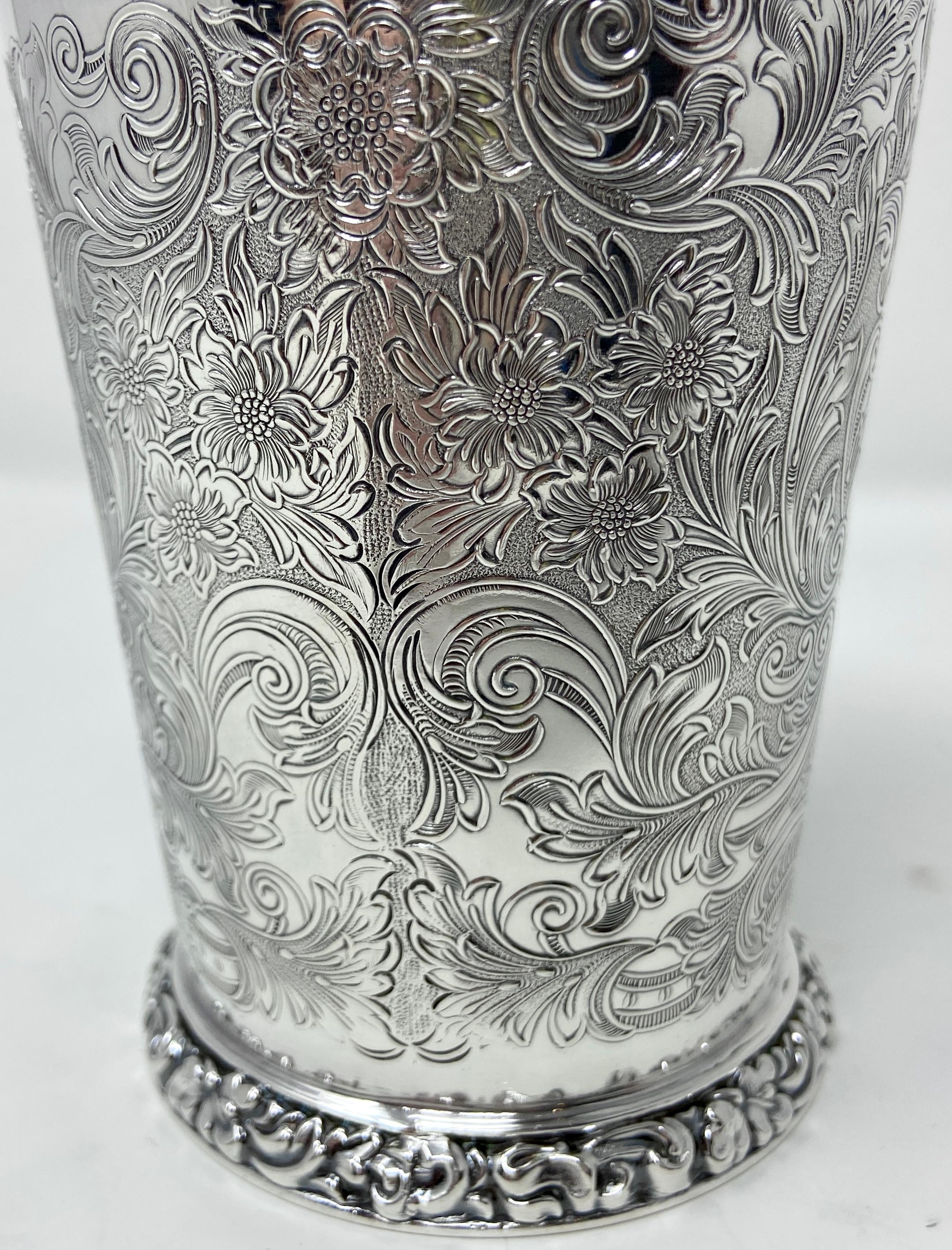 Set of 10 Estate English Silver-Plated Finely Engraved Mint Julep Cups, Ca. 1950 2