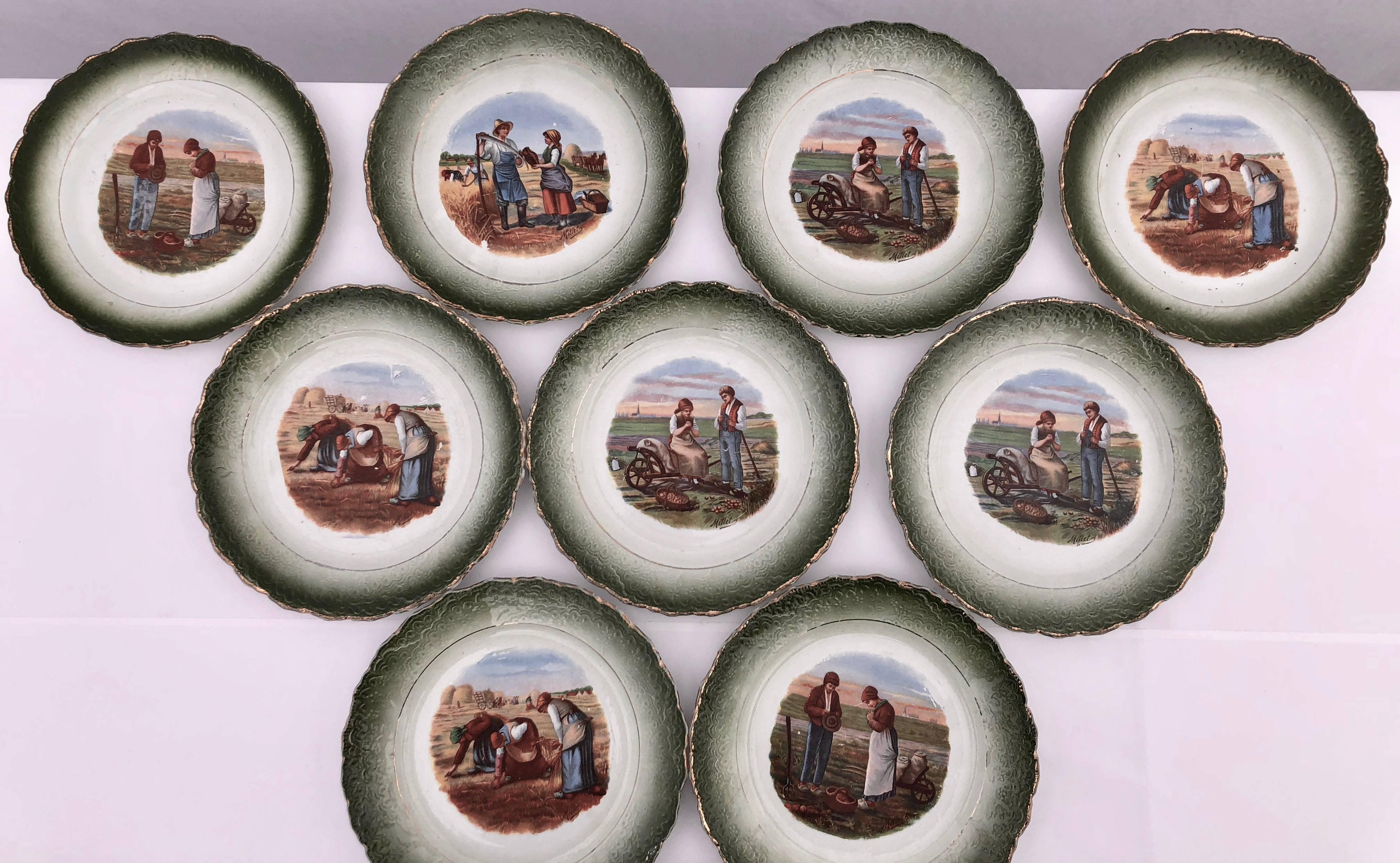 This is a lovely set of faïence plates showing transfer printed images of famous French artist Jean-François Millet. The scenes are all from Millet's farming paintings. All the plates have a beautiful green border around a white plate background