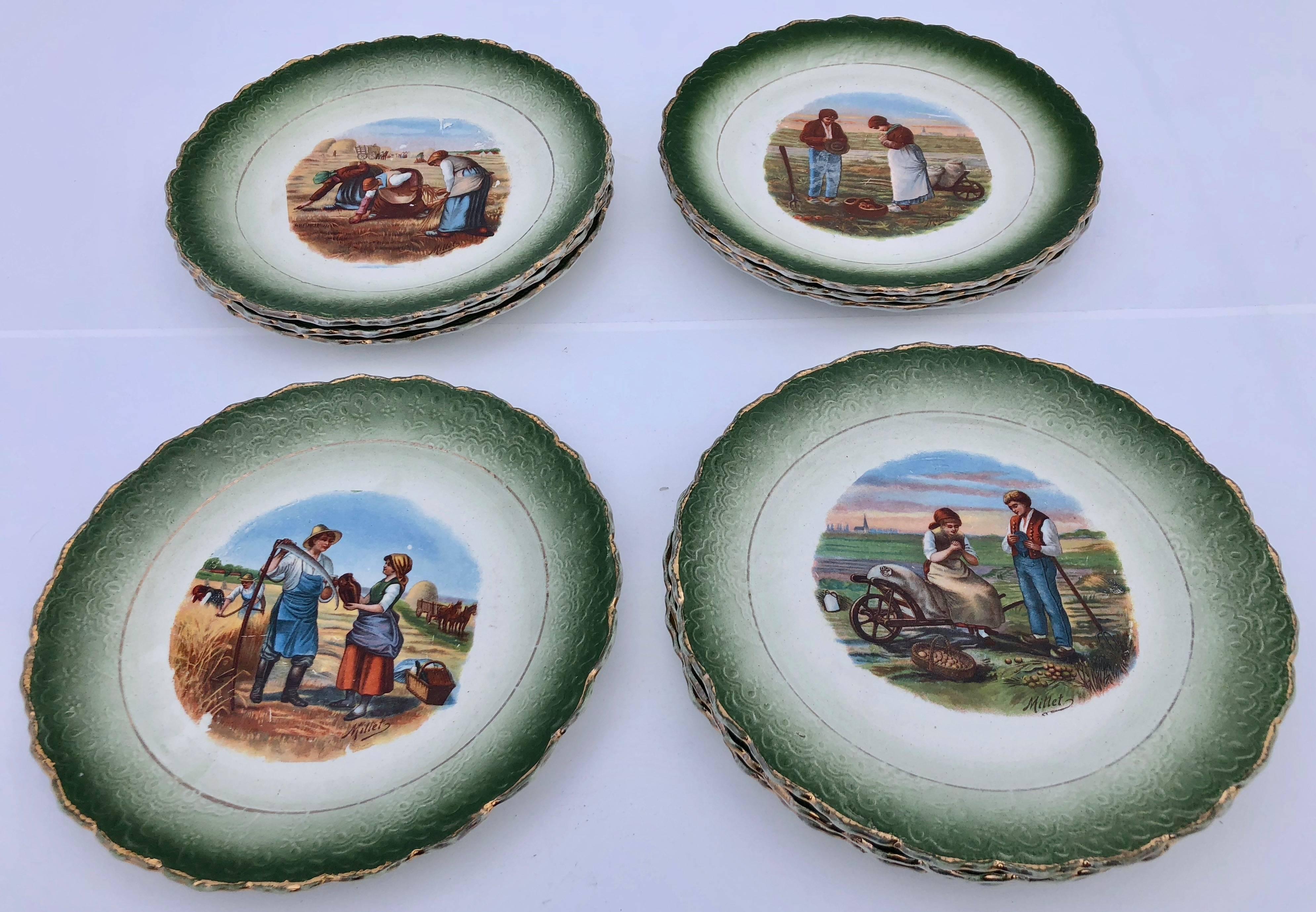 20th Century Set of Ten Faïence Transferware Plates With Millet Farming Scenes, Early 1900s For Sale