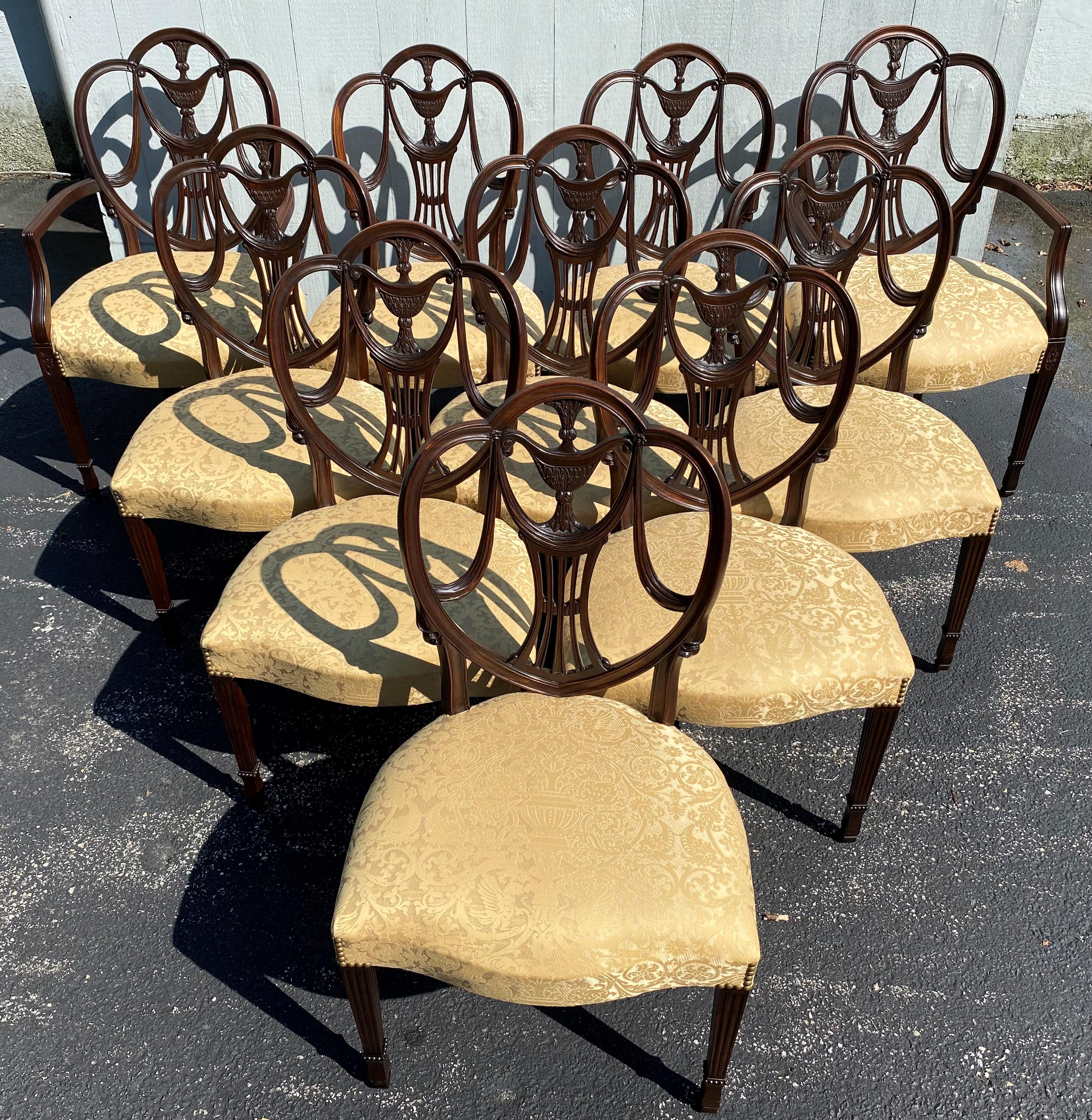 A fine set of ten Federal style mahogany dining chairs attributed to Lithuanian / American well known furniture maker Nathan Margolis, of Hartford CT, two arm chairs and eight side chairs, with heart shaped backs featuring pierce carved urn form