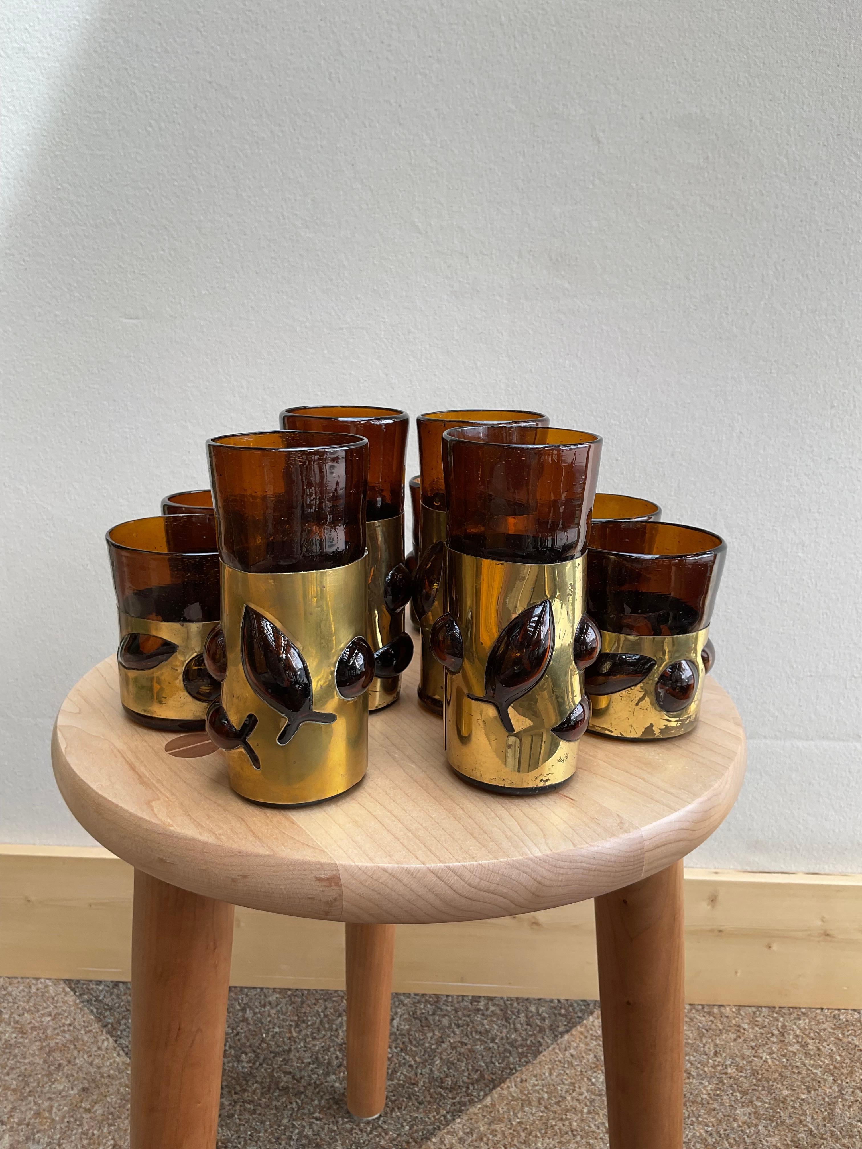 Brass Set of 10 Felipe Derflinger Handcrafted Mid-Century Glasses