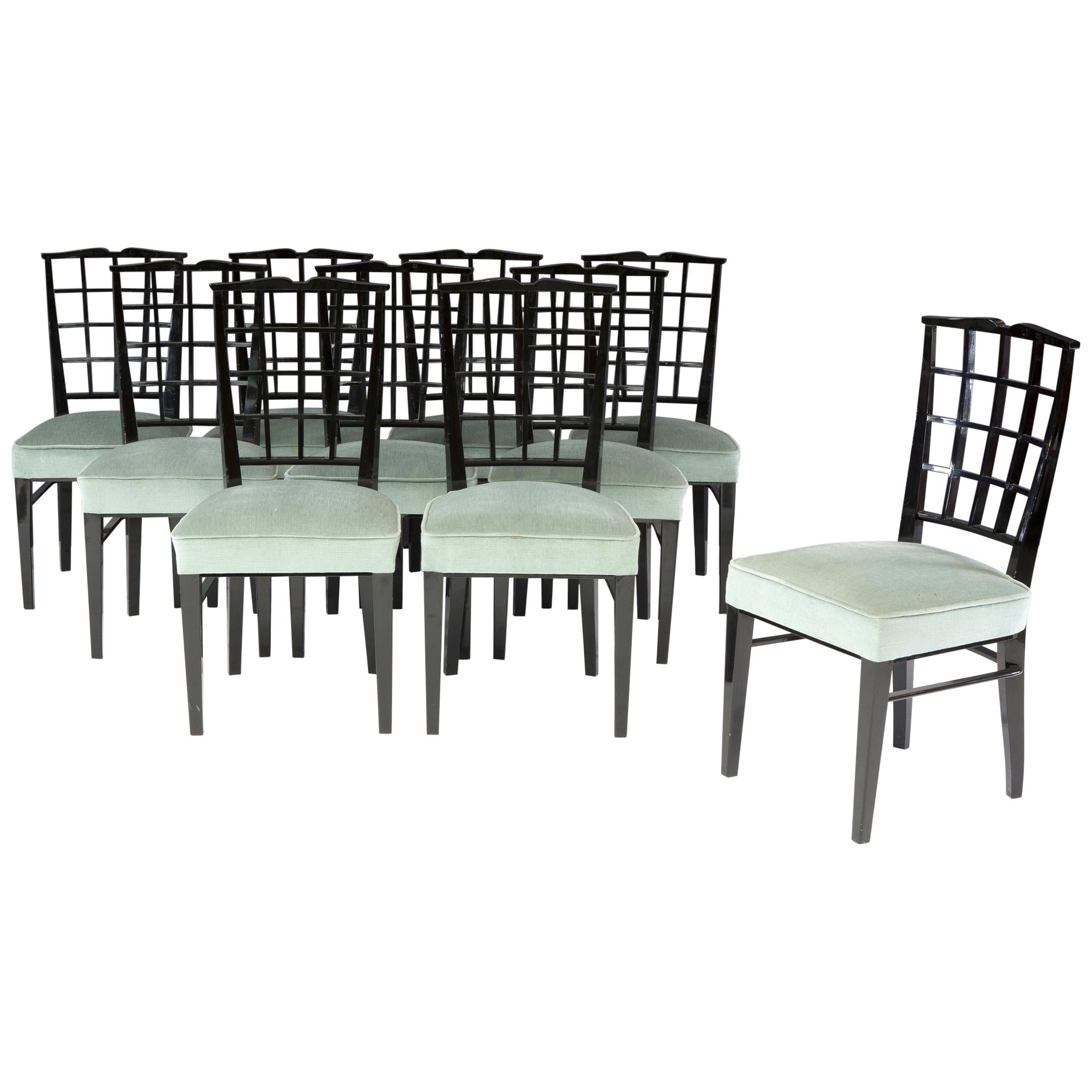 Set of 10 Fine French Art Deco Black Lacquered Chairs by Dominique