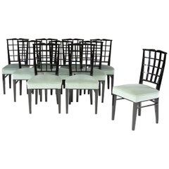 Set of 10 Fine French Art Deco Black Lacquered Chairs by Dominique