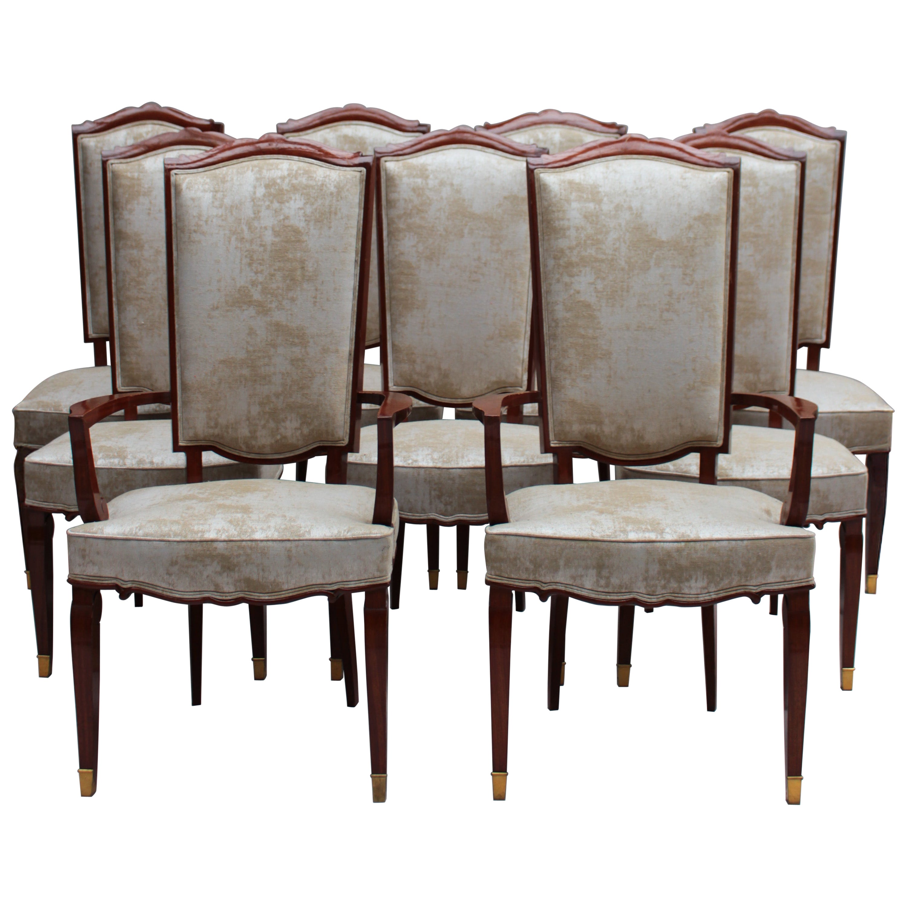 Set of 10 Fine French Art Deco Mahogany Chairs by Jules Leleu (8 Side and 2 Arm) For Sale