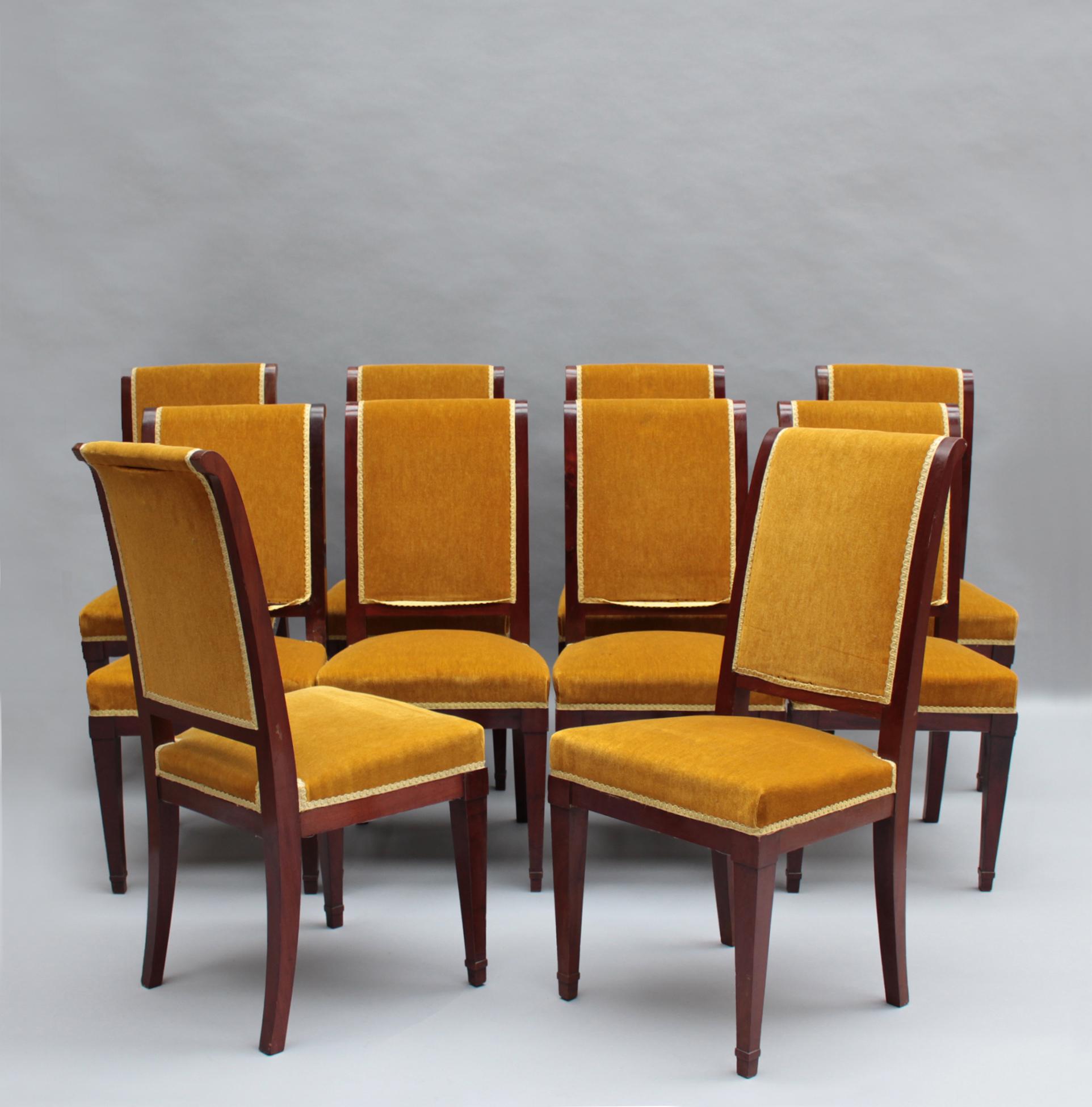 Set of 10 Fine French Art Deco Mahogany Dining Chairs  For Sale 8
