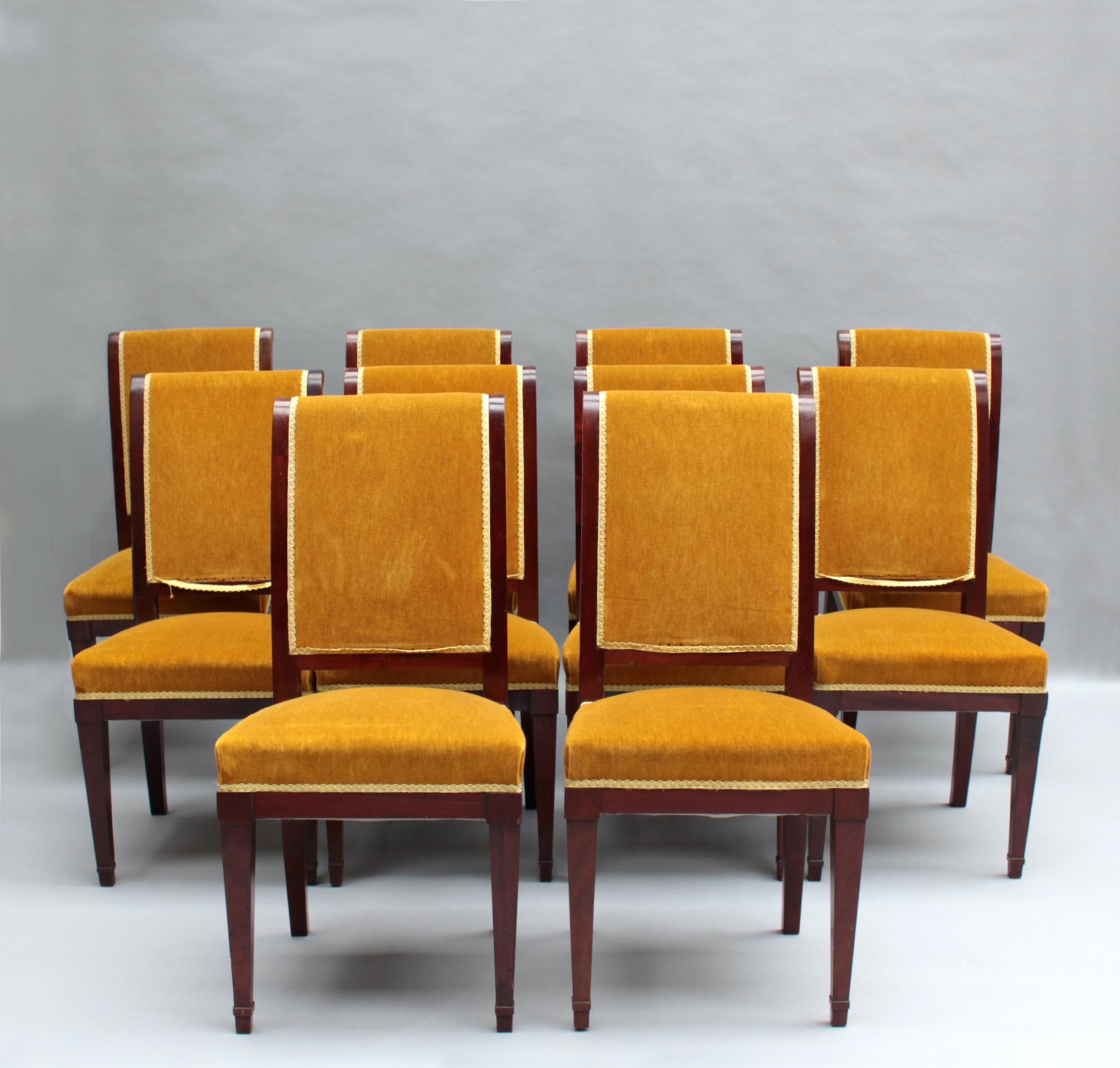 A set of ten fine French 1930s solid mahogany dining/side chairs.

