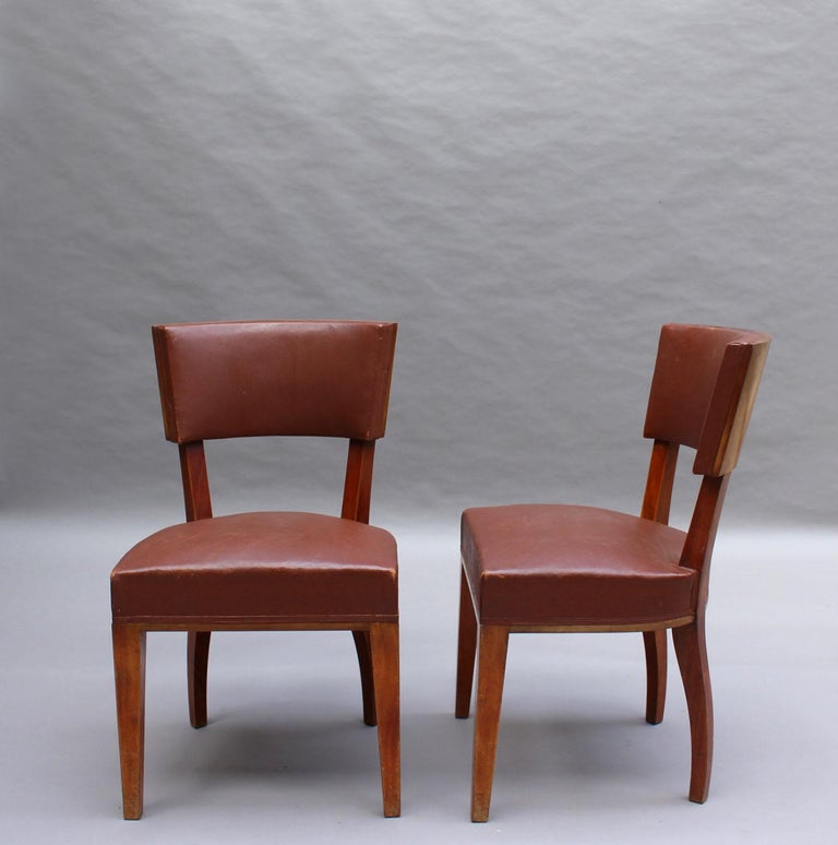 Leather Set of 10 Fine French Art Deco Mahogany Dining Chairs For Sale