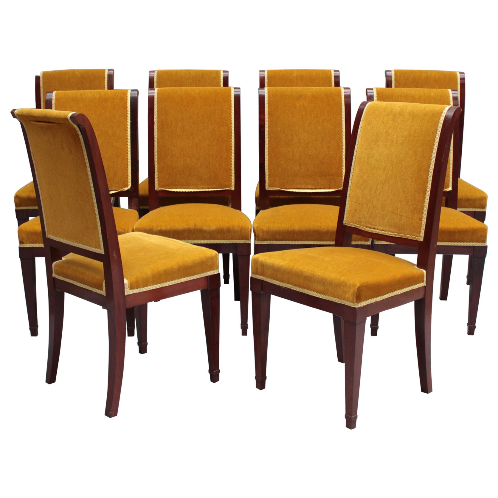 Ensemble de 10 chaises de salle à manger en acajou de style Art déco français  en vente
