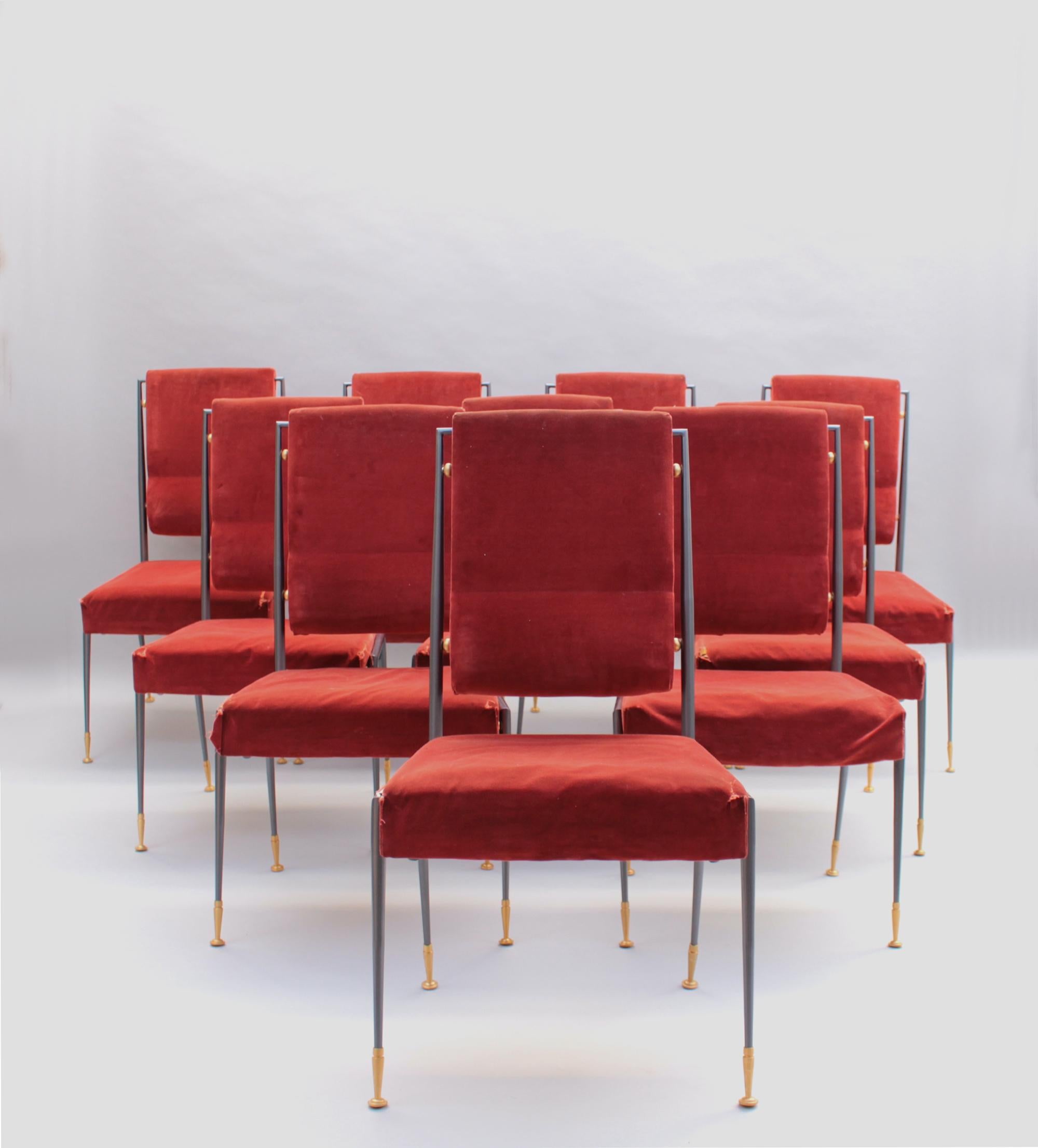 Jules Leleu (1883 - 1961)-  Rare set of 10 fine French Mid-Century dining chairs with a tubular lacquered metal frame and gilded brass feet.
Signed 